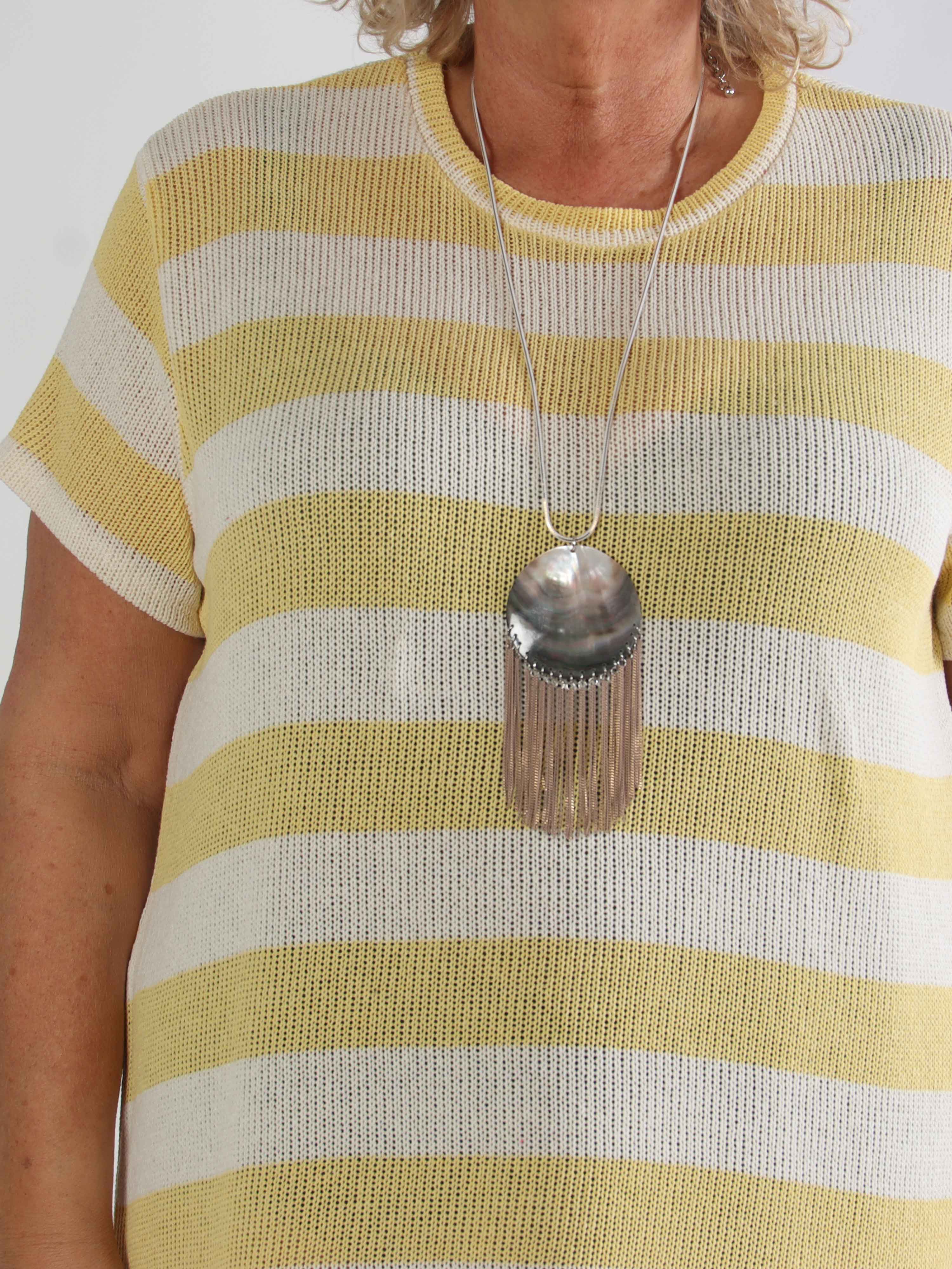 Abigal - Plus size stribet strikkjole i bomuld med korte ærmer og flæsekant forneden