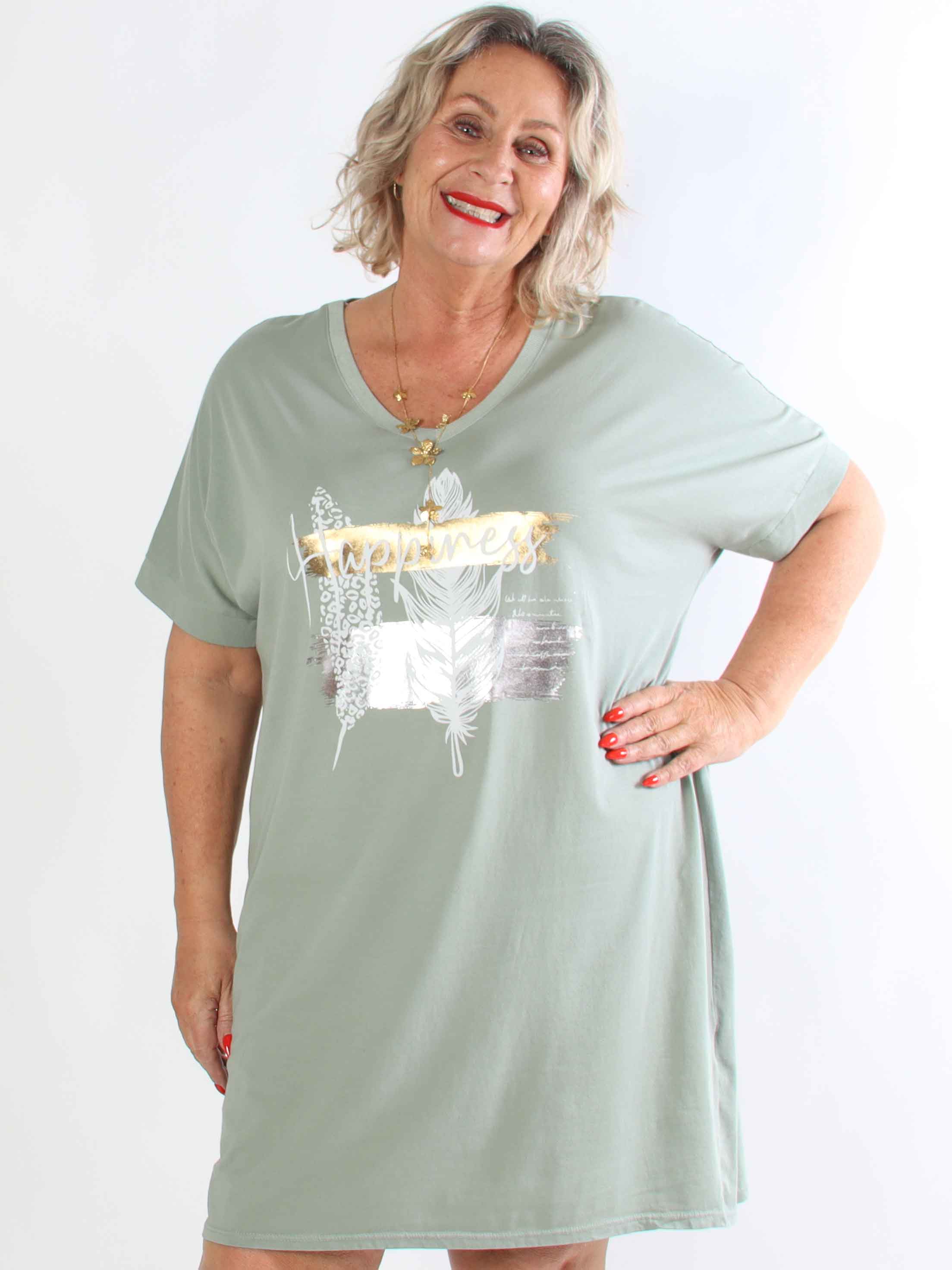 Alana - Plus size t-shirtkjole i bomuld med fejrmotiver foran