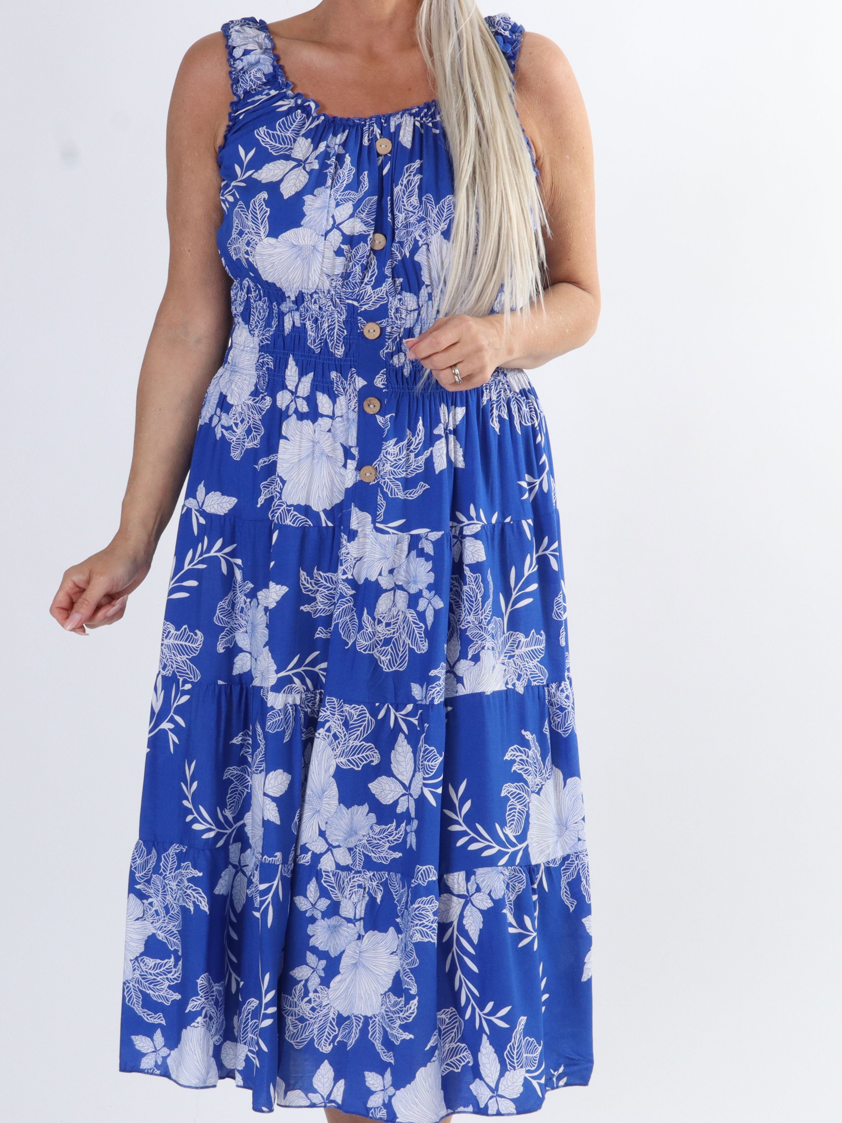 Alicia flower short - Lang plus size kjole med smock og blomsterprint