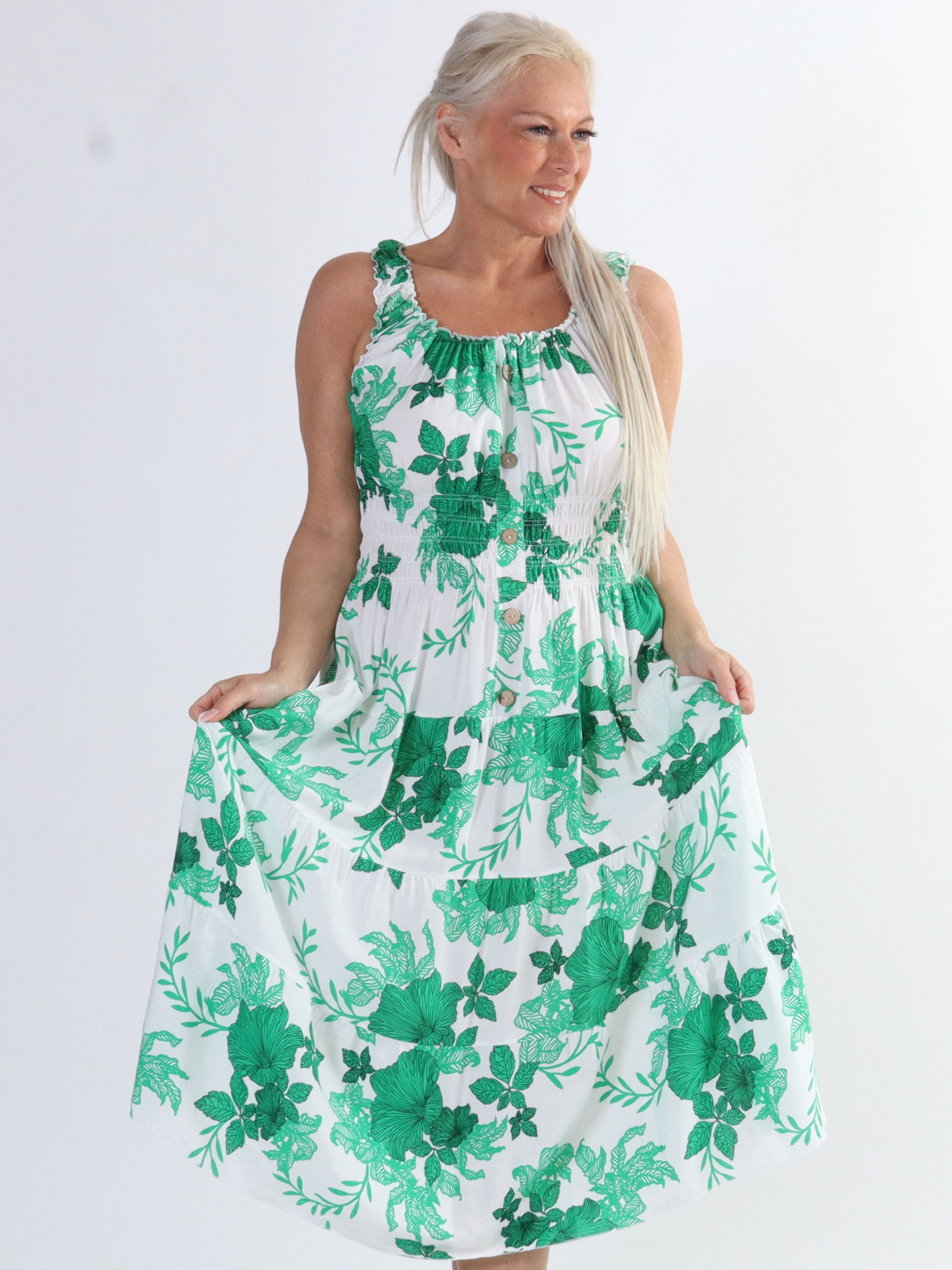 Alicia flower short - Lang plus size kjole med smock og blomsterprint