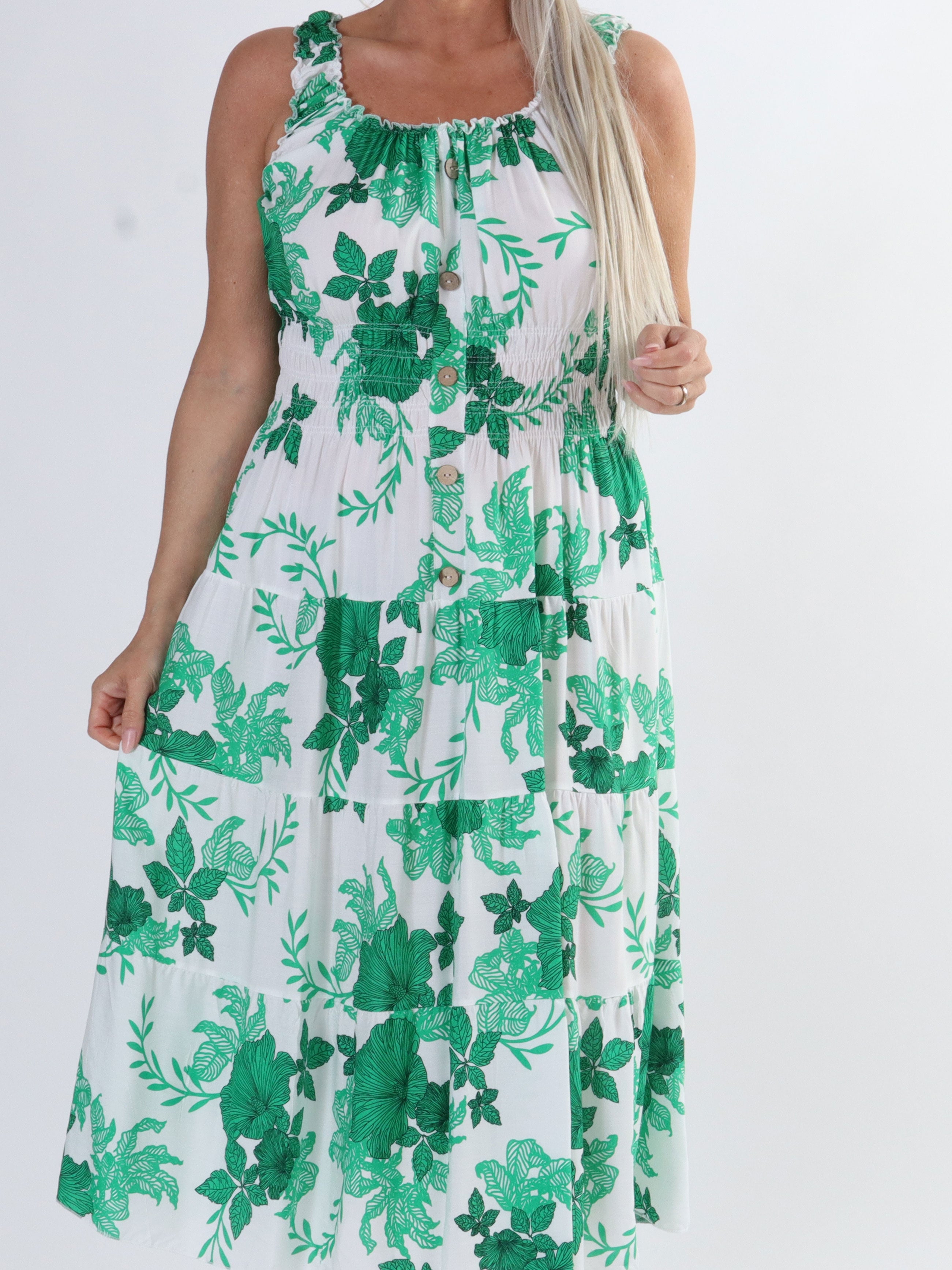 Alicia flower short - Lang plus size kjole med smock og blomsterprint