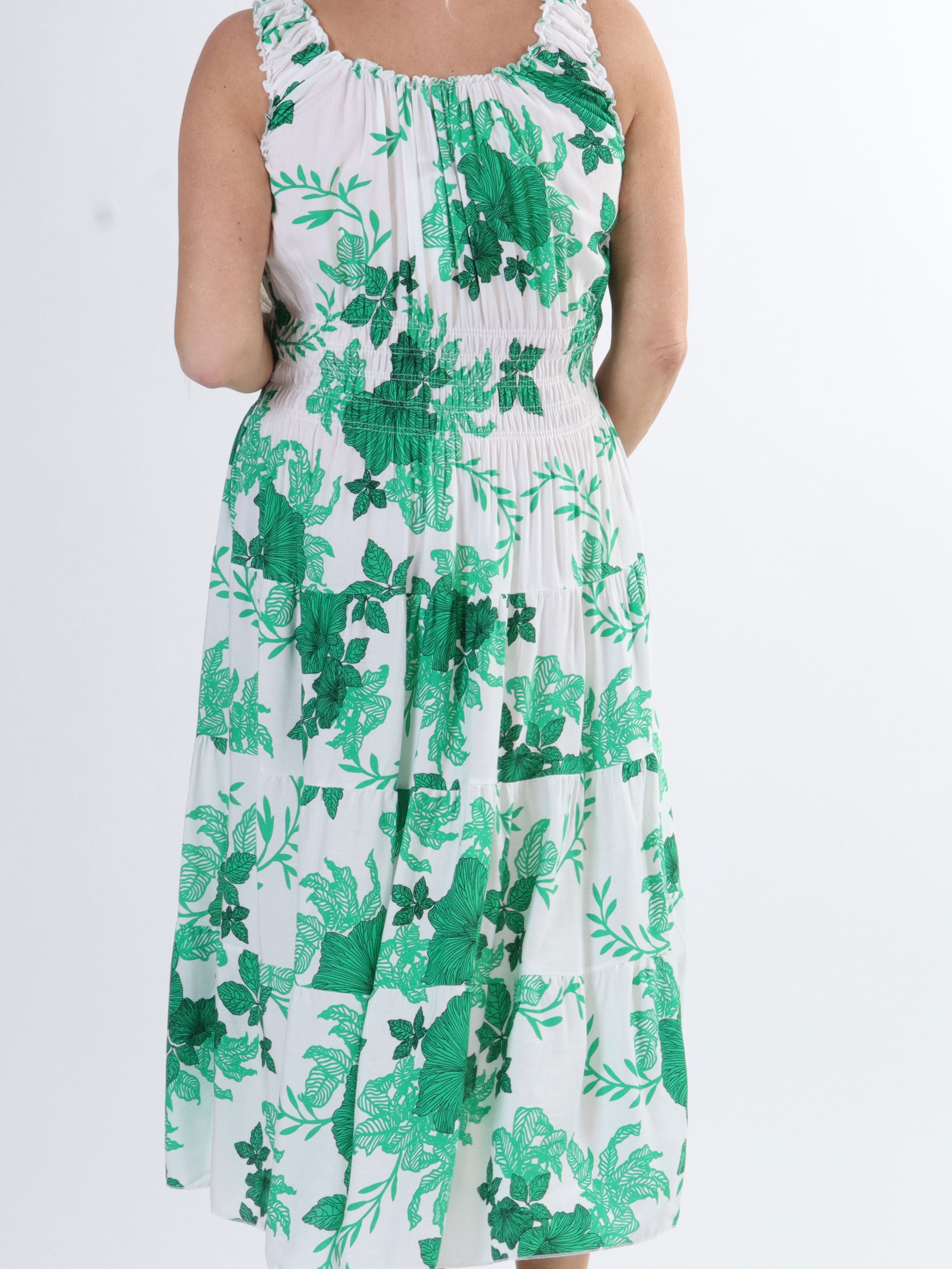 Alicia flower short - Lang plus size kjole med smock og blomsterprint