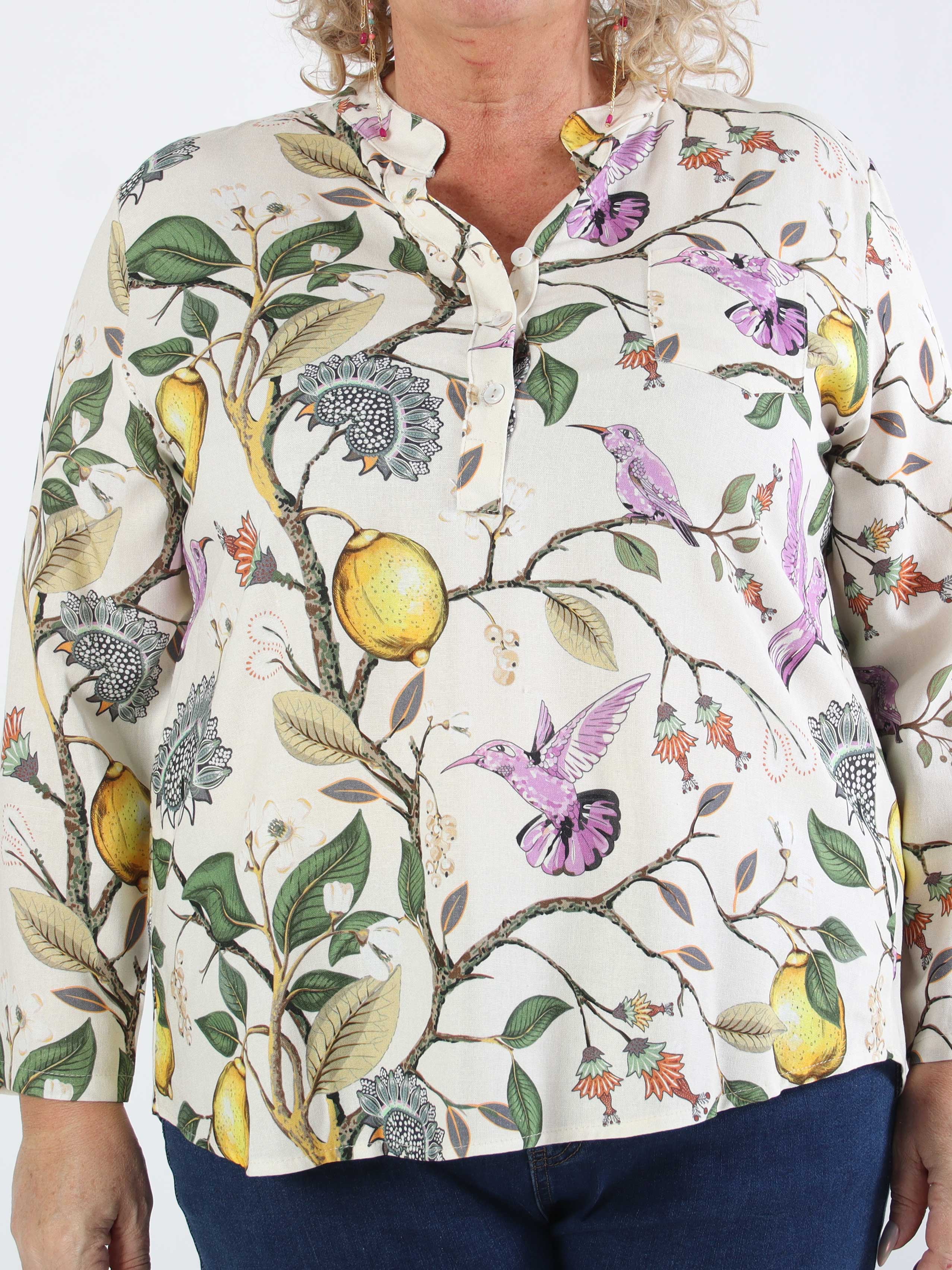 Almira - Plus size skjorte i hør og bomuld med fuglemotiver