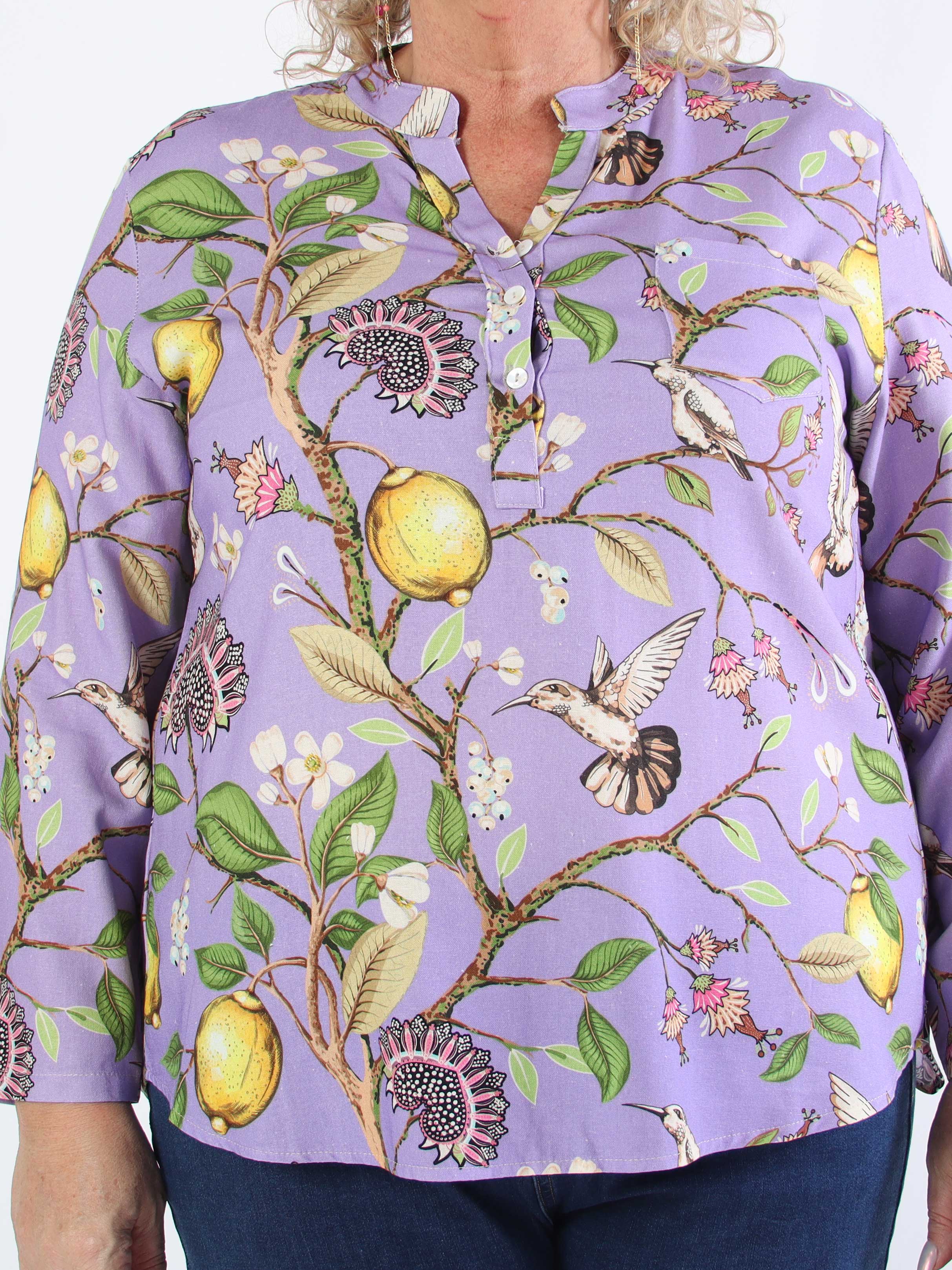 Almira - Plus size skjorte i hør og bomuld med fuglemotiver