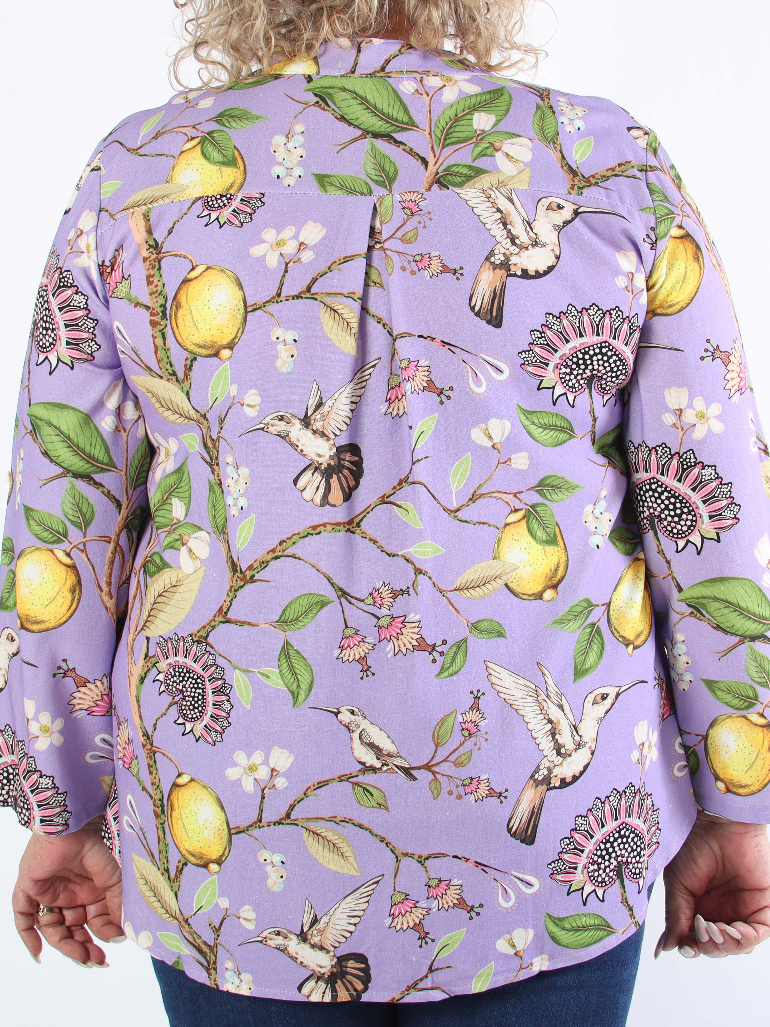 Almira - Plus size skjorte i hør og bomuld med fuglemotiver