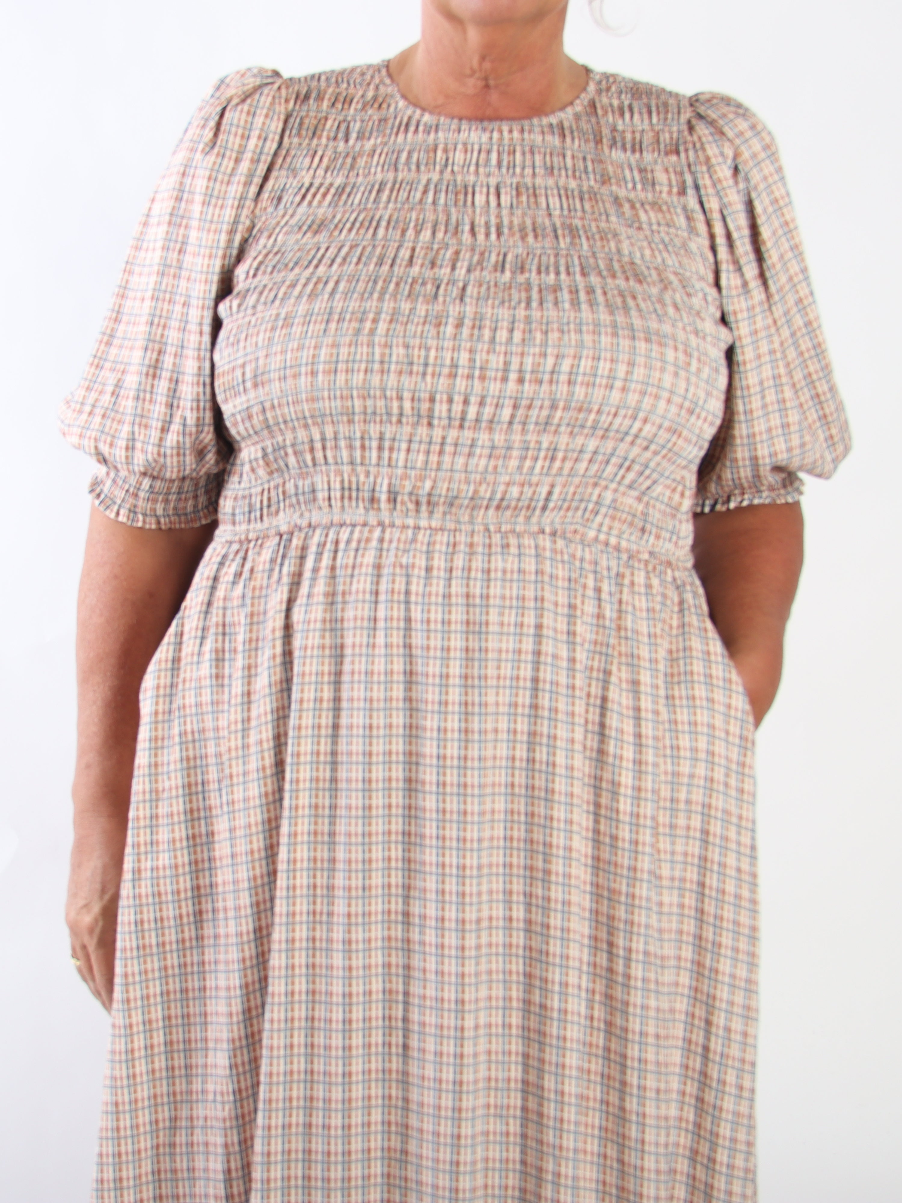 Amalie Check - Fin ternet plus size kjole i viskose med smock over brystet og søde pufærmer