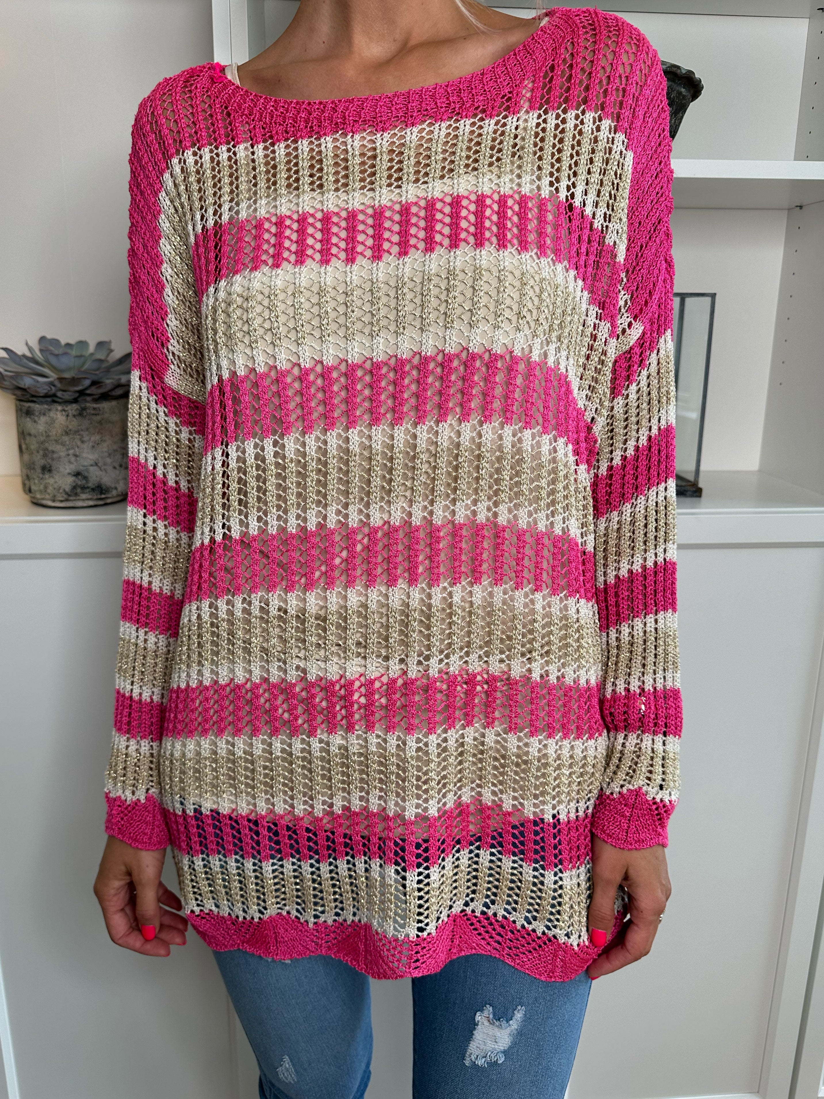 Ania - Stribet strikbluse med huller