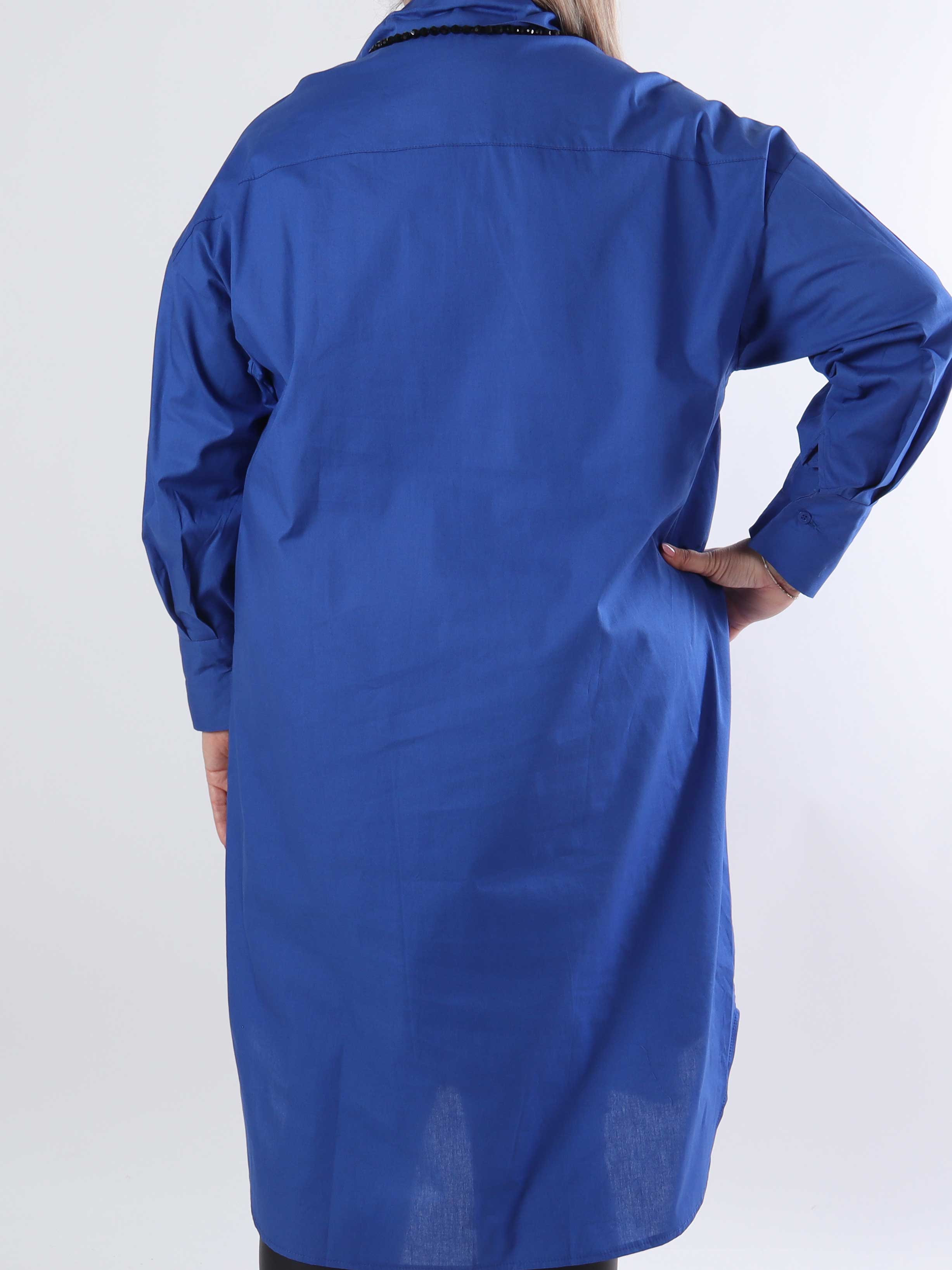 Ceylan - Lang plus size plain skjortekjole i bomuld