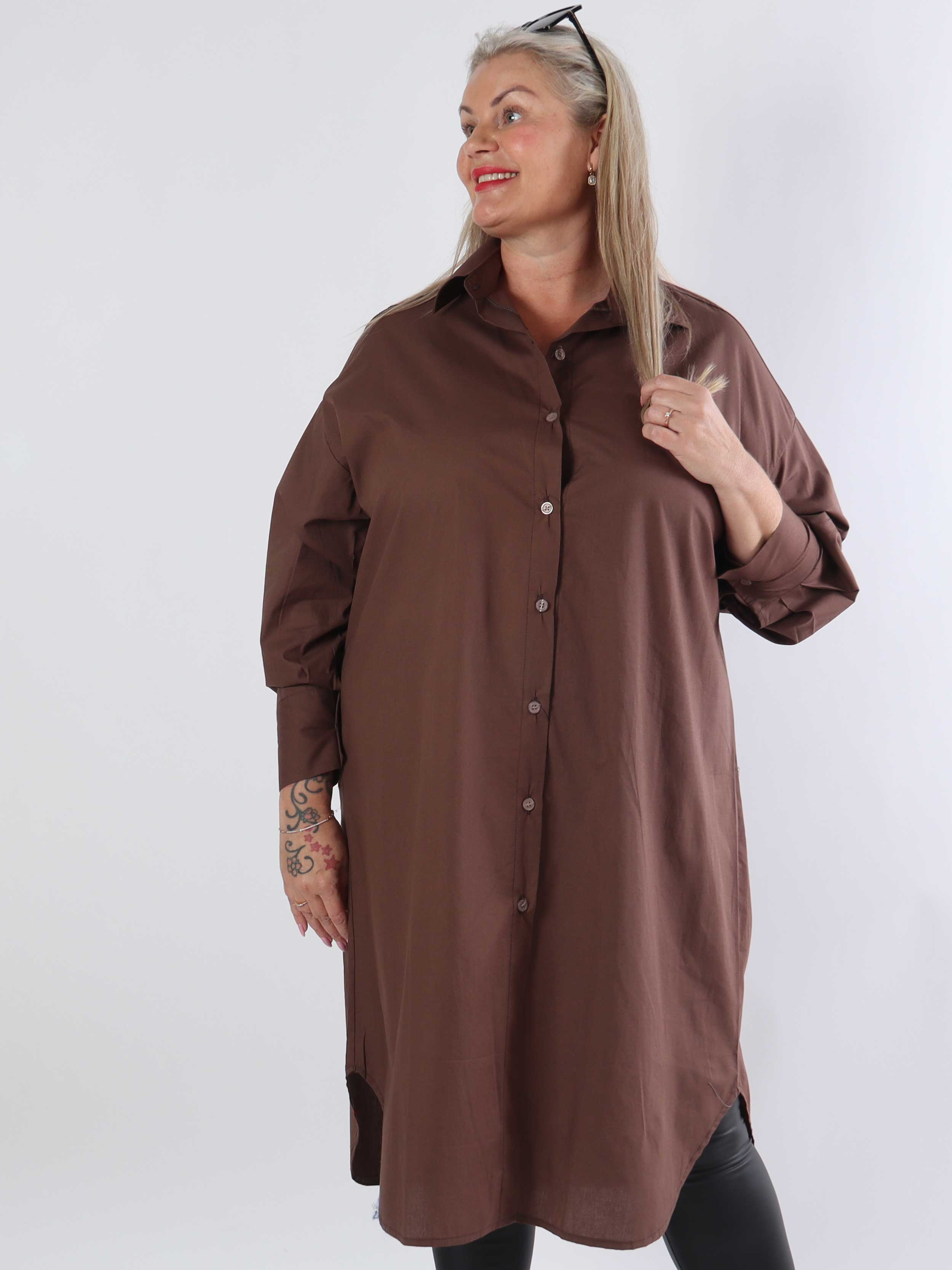 Ceylan - Lang plus size plain skjortekjole i bomuld