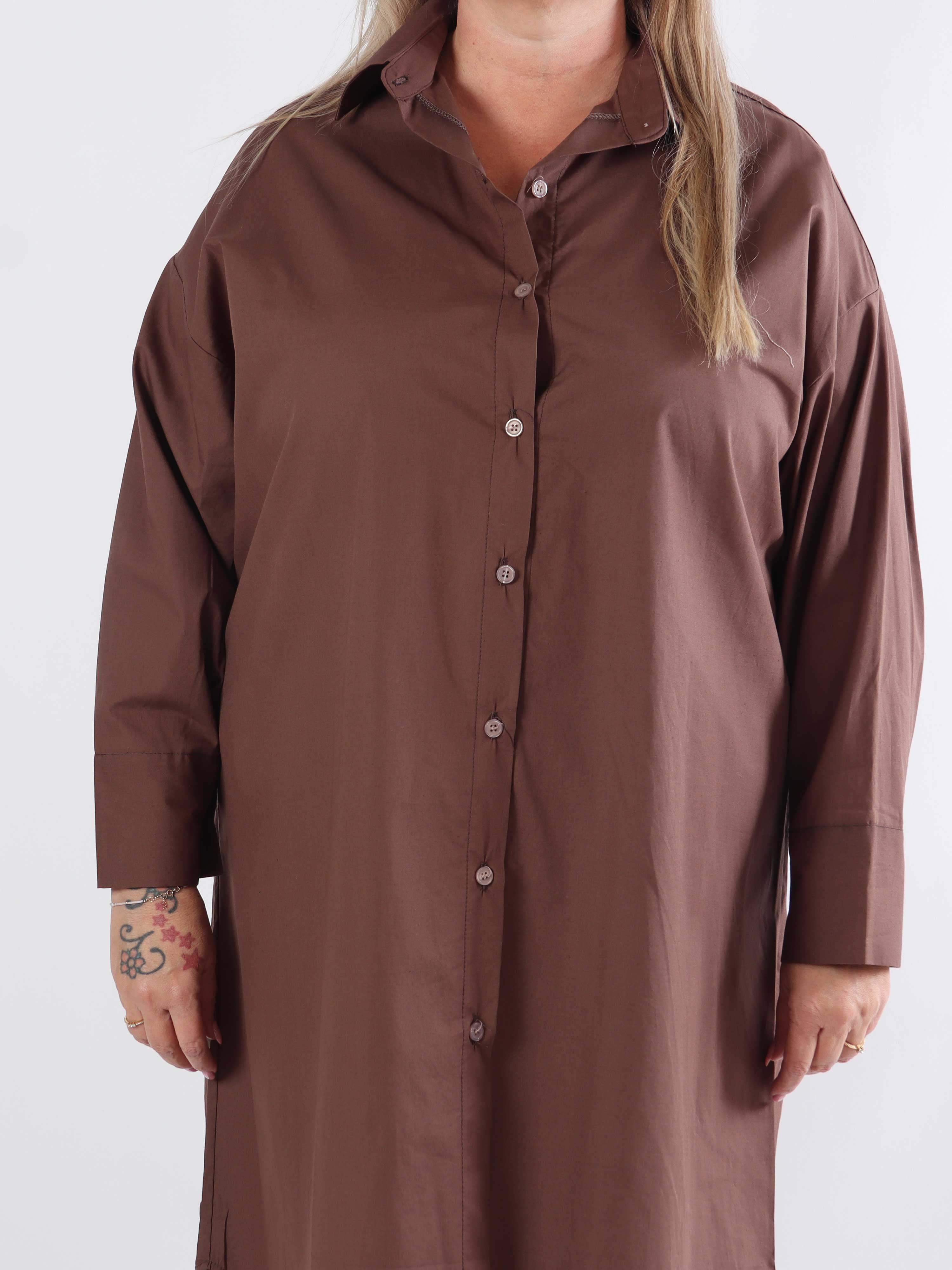 Ceylan - Lang plus size plain skjortekjole i bomuld
