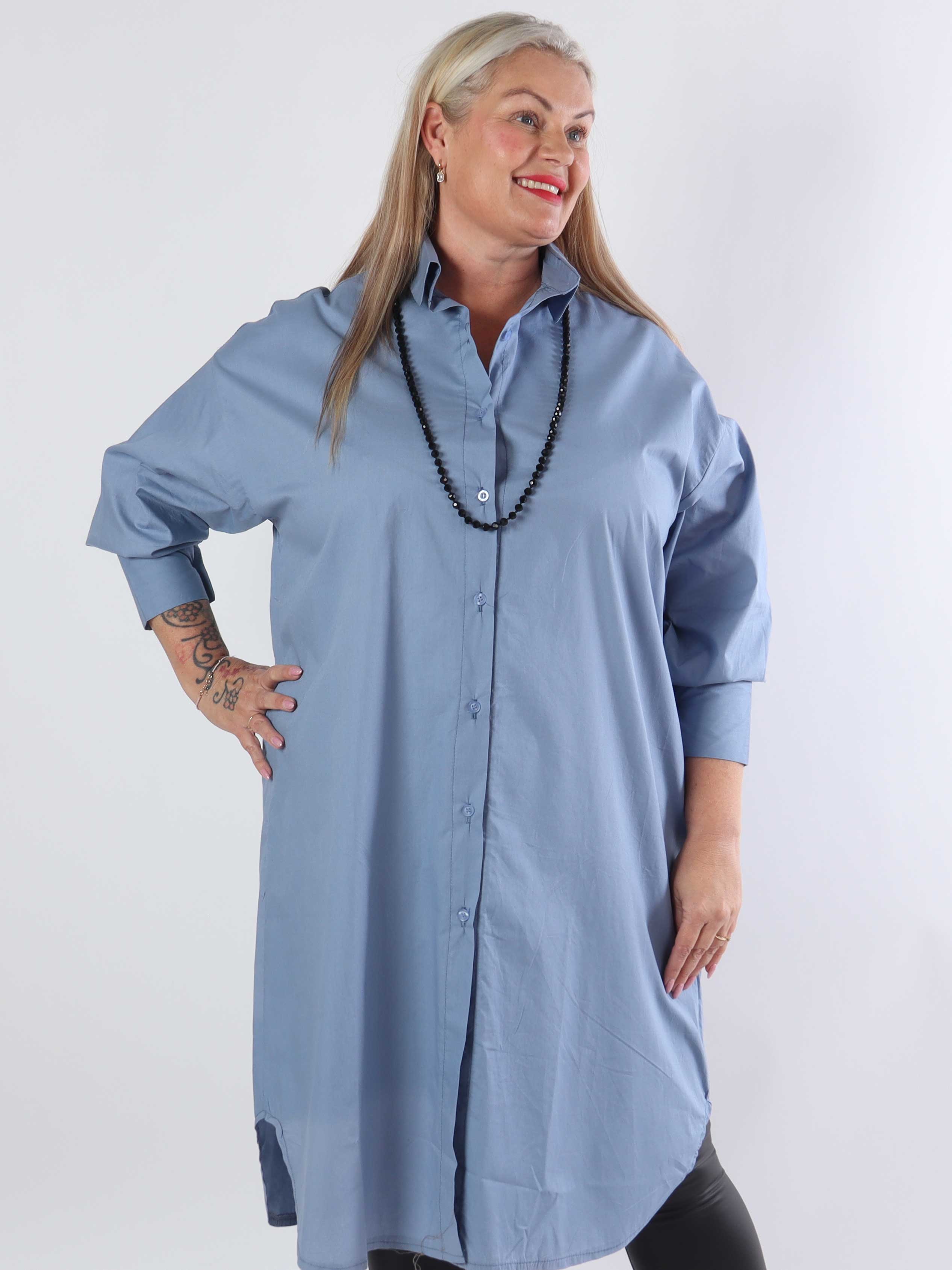 Ceylan - Lang plus size plain skjortekjole i bomuld