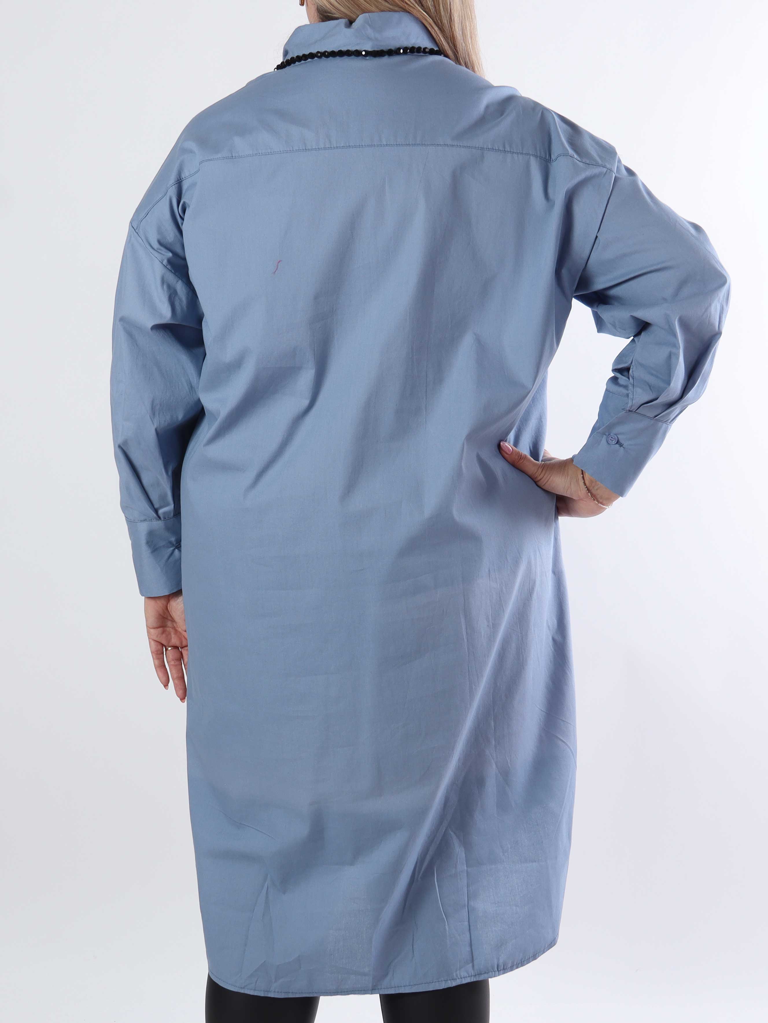 Ceylan - Lang plus size plain skjortekjole i bomuld