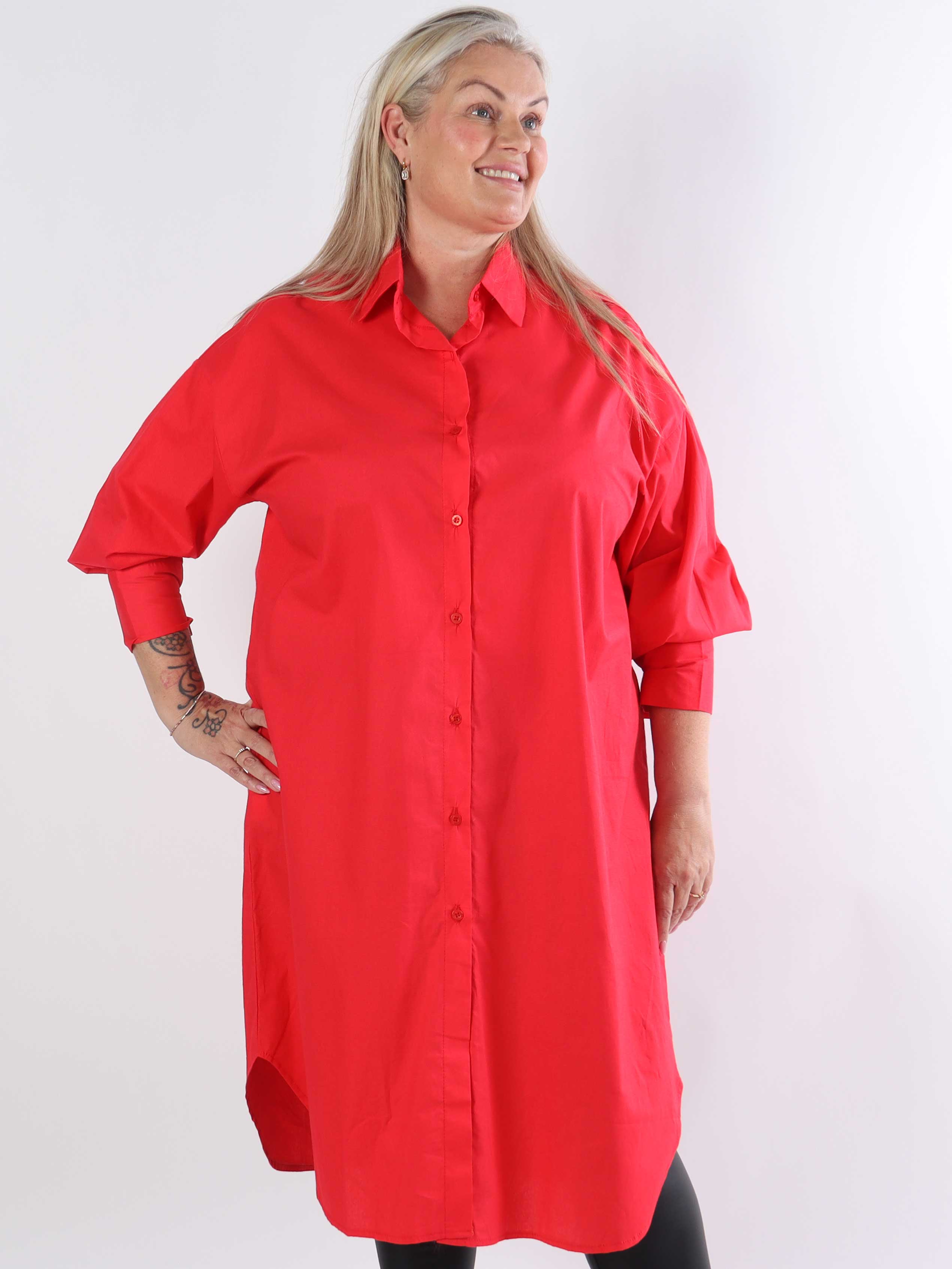 Ceylan - Lang plus size plain skjortekjole i bomuld