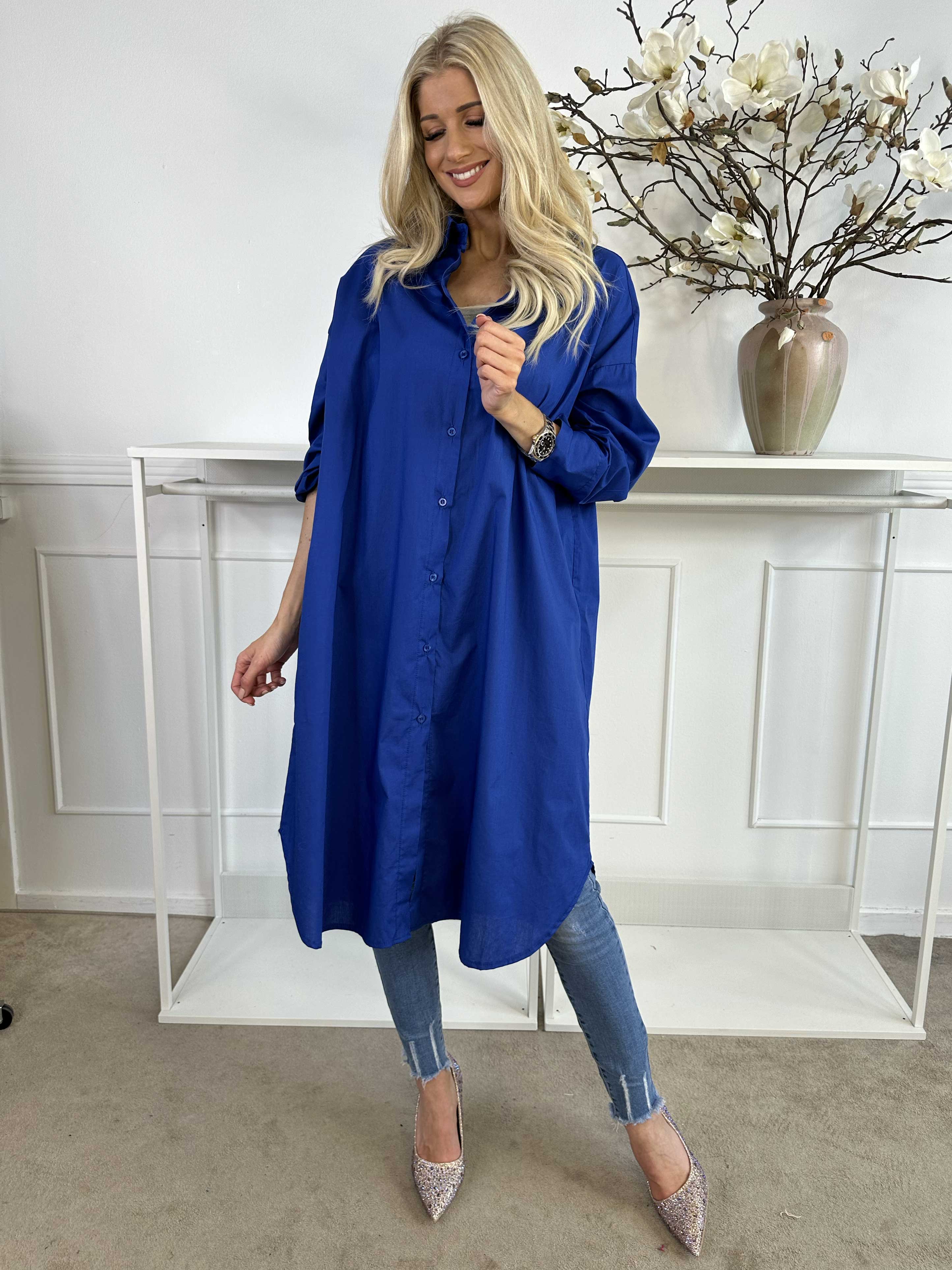 Ceylan - Lang plain skjortekjole i bomuld