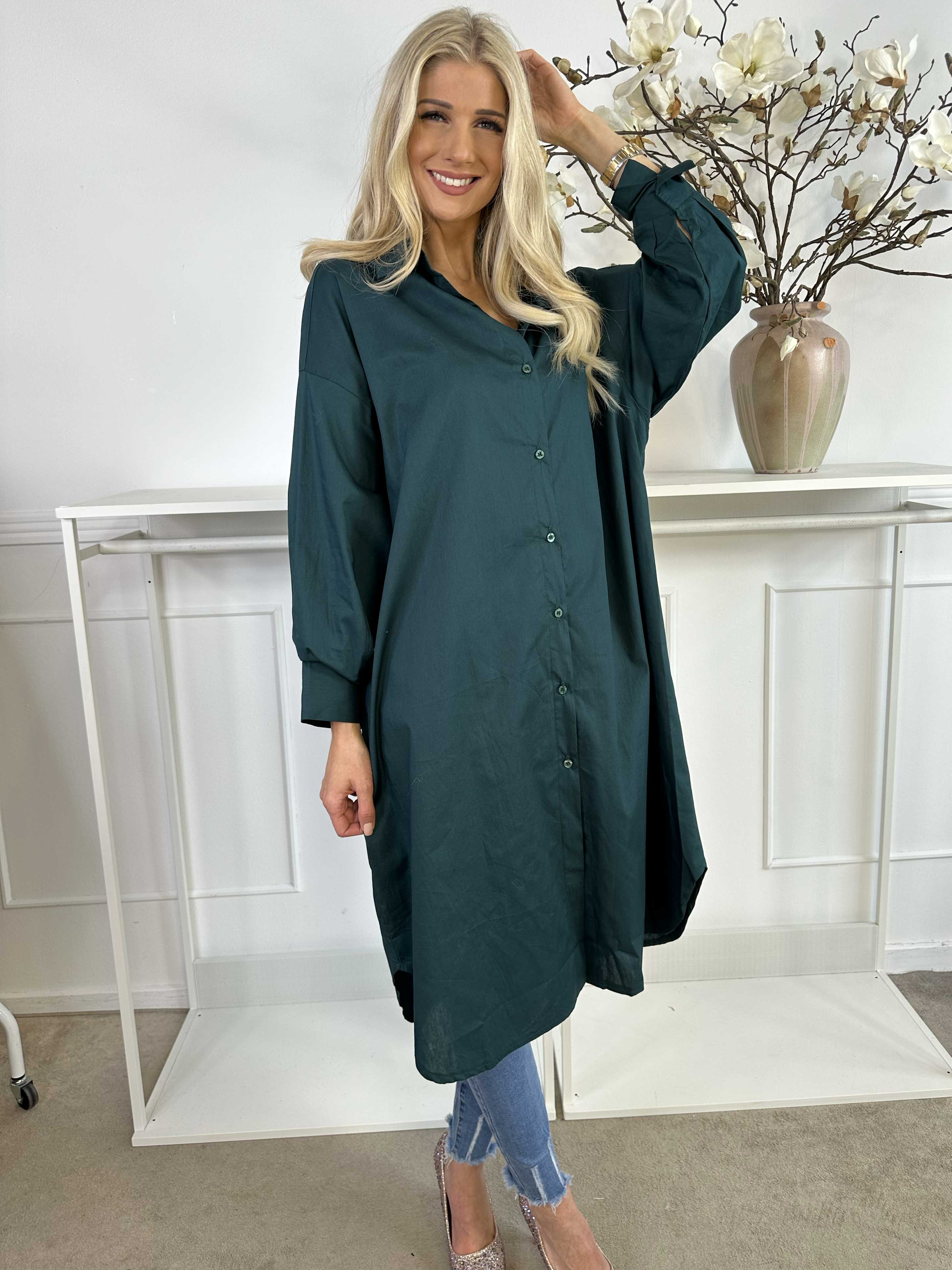 Ceylan - Lang plain skjortekjole i bomuld