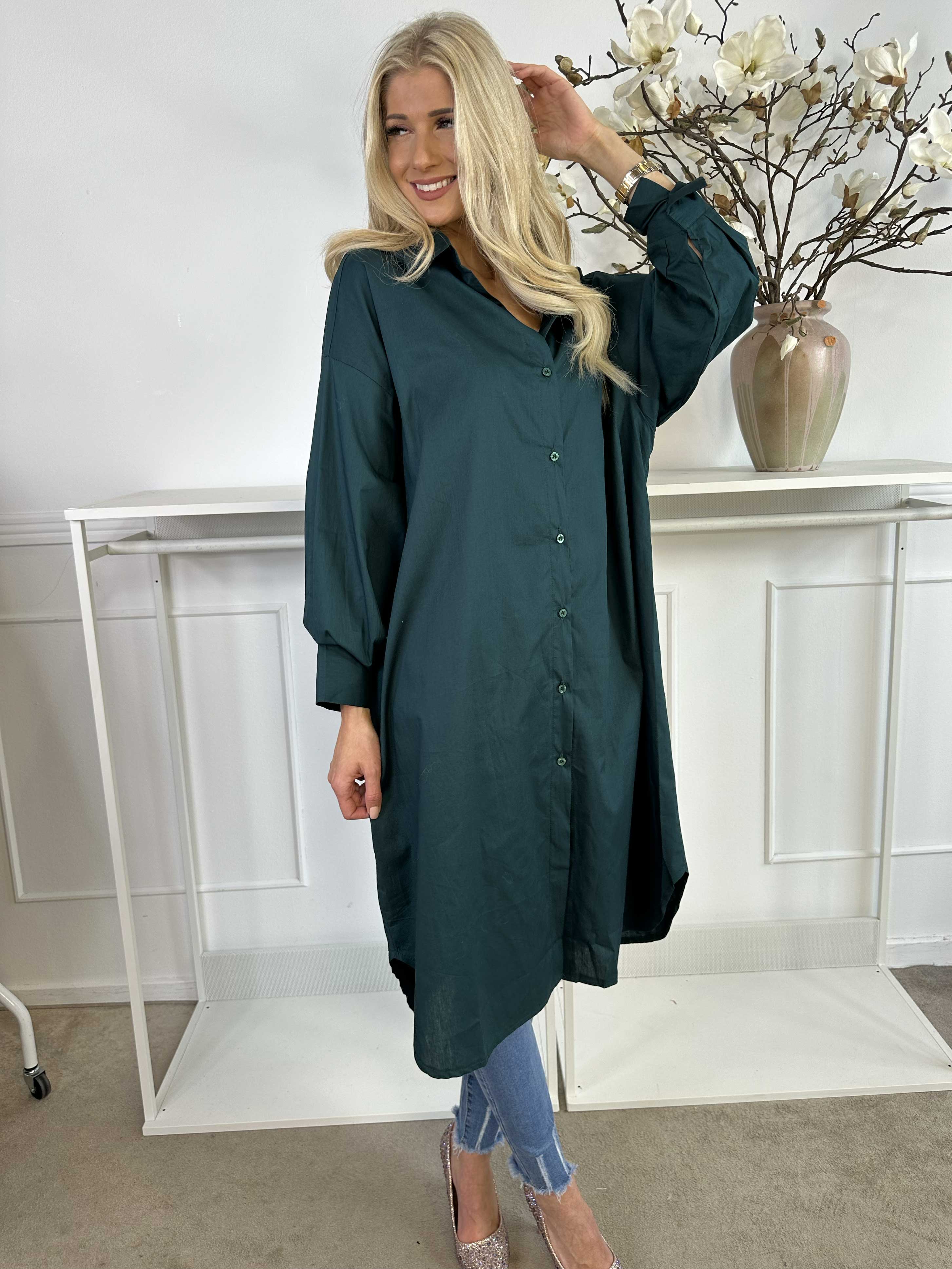 Ceylan - Lang plain skjortekjole i bomuld