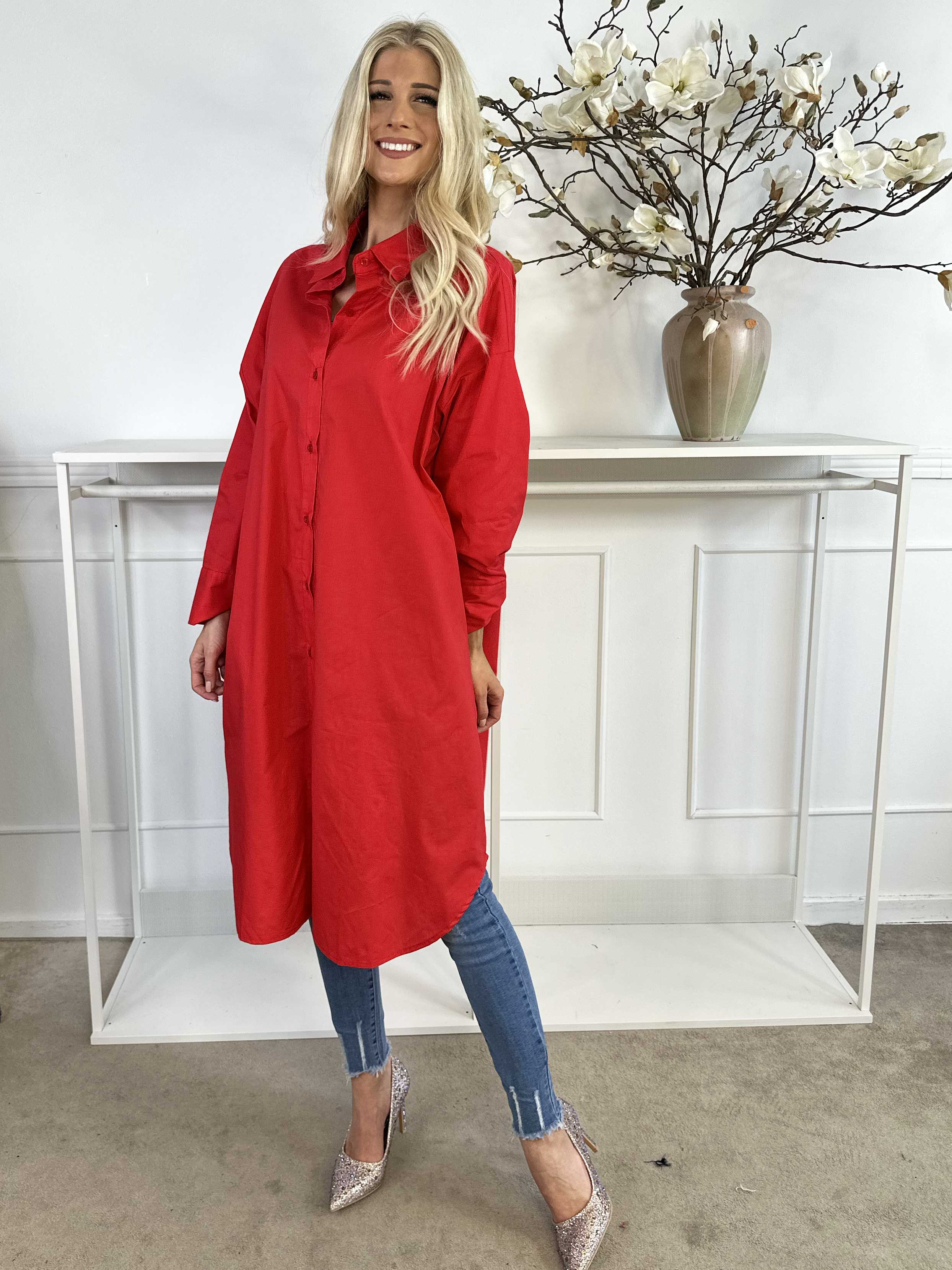 Ceylan - Lang plain skjortekjole i bomuld