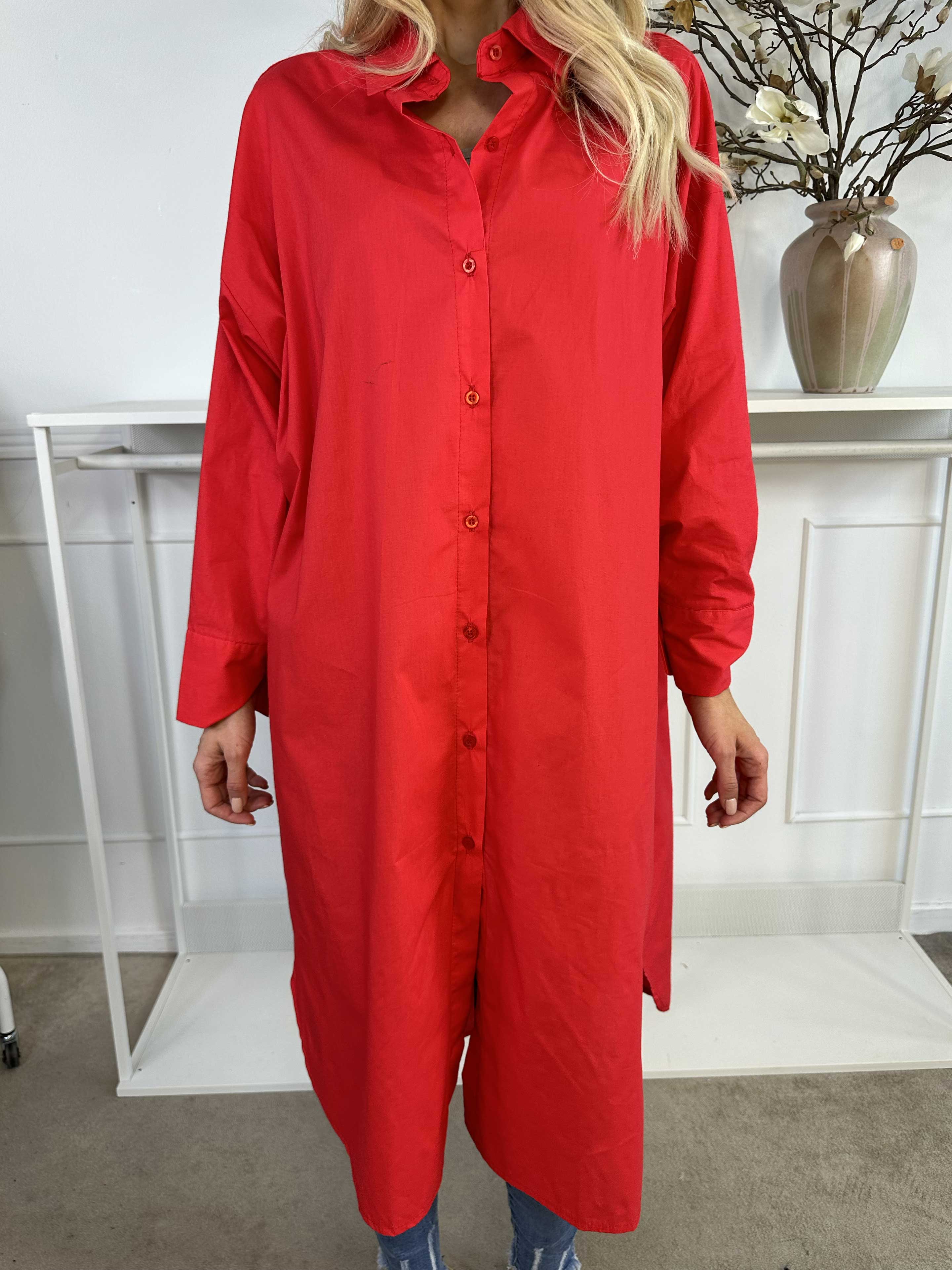 Ceylan - Lang plain skjortekjole i bomuld