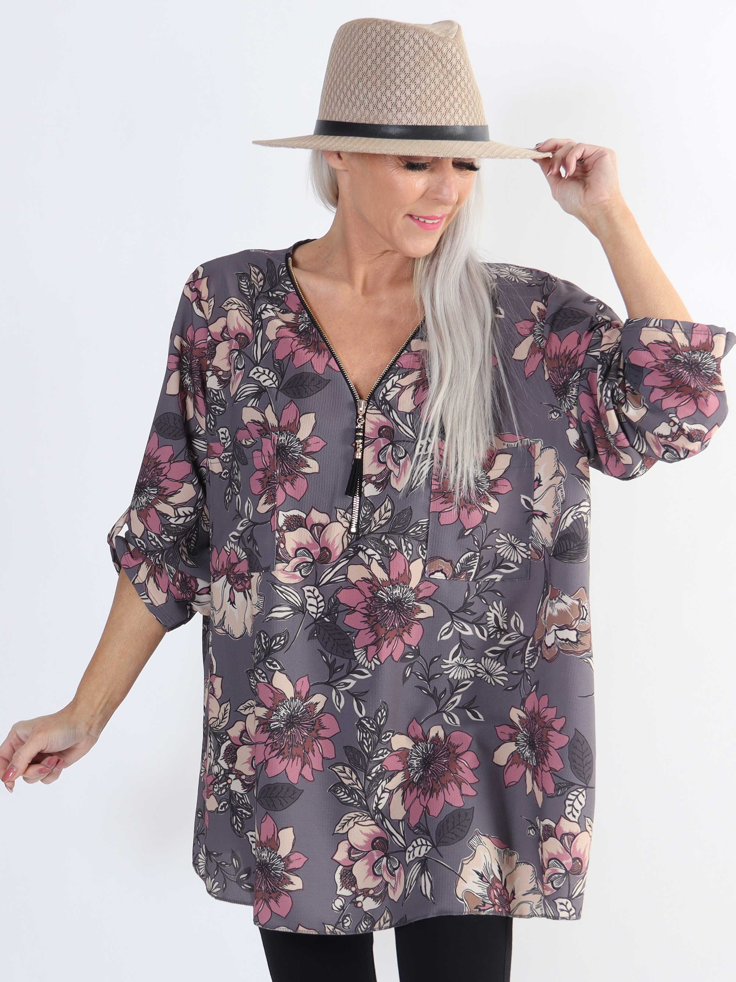 Claudia Flower - Plus size tunika med blomsterprint og lynlås
