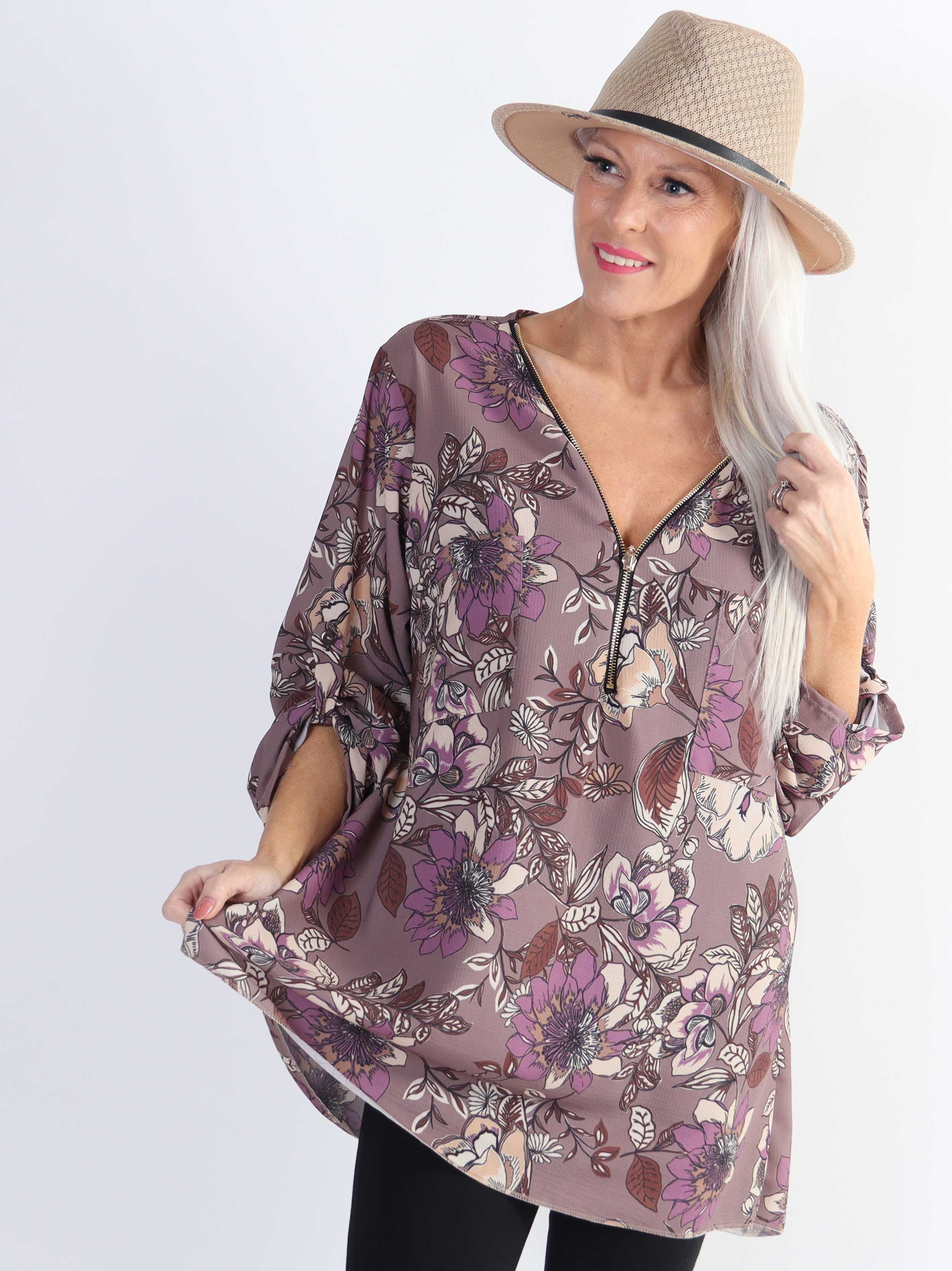 Claudia Flower - Plus size tunika med blomsterprint og lynlås