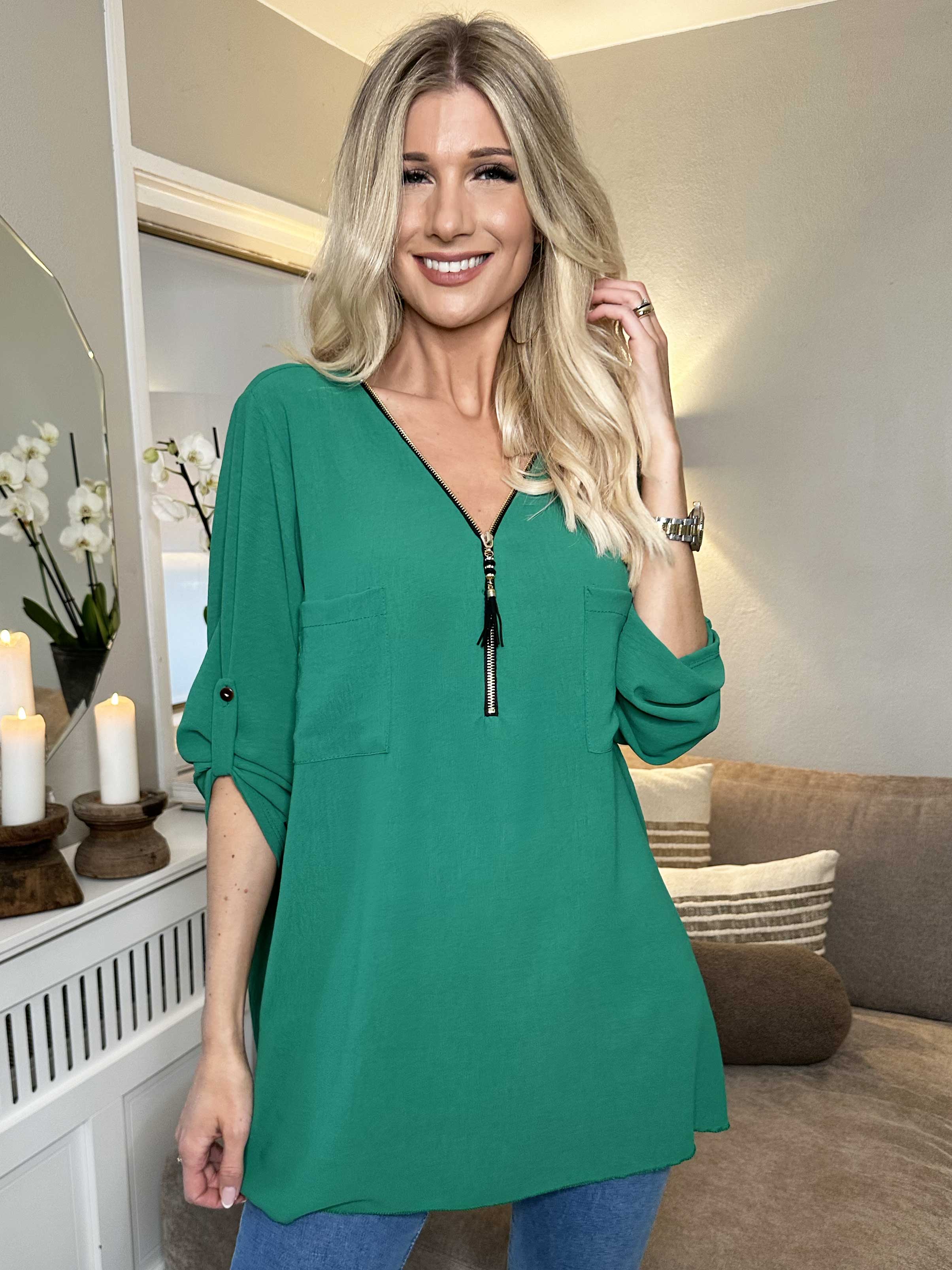 Claudia - Ensfarvet tunika med lynlås