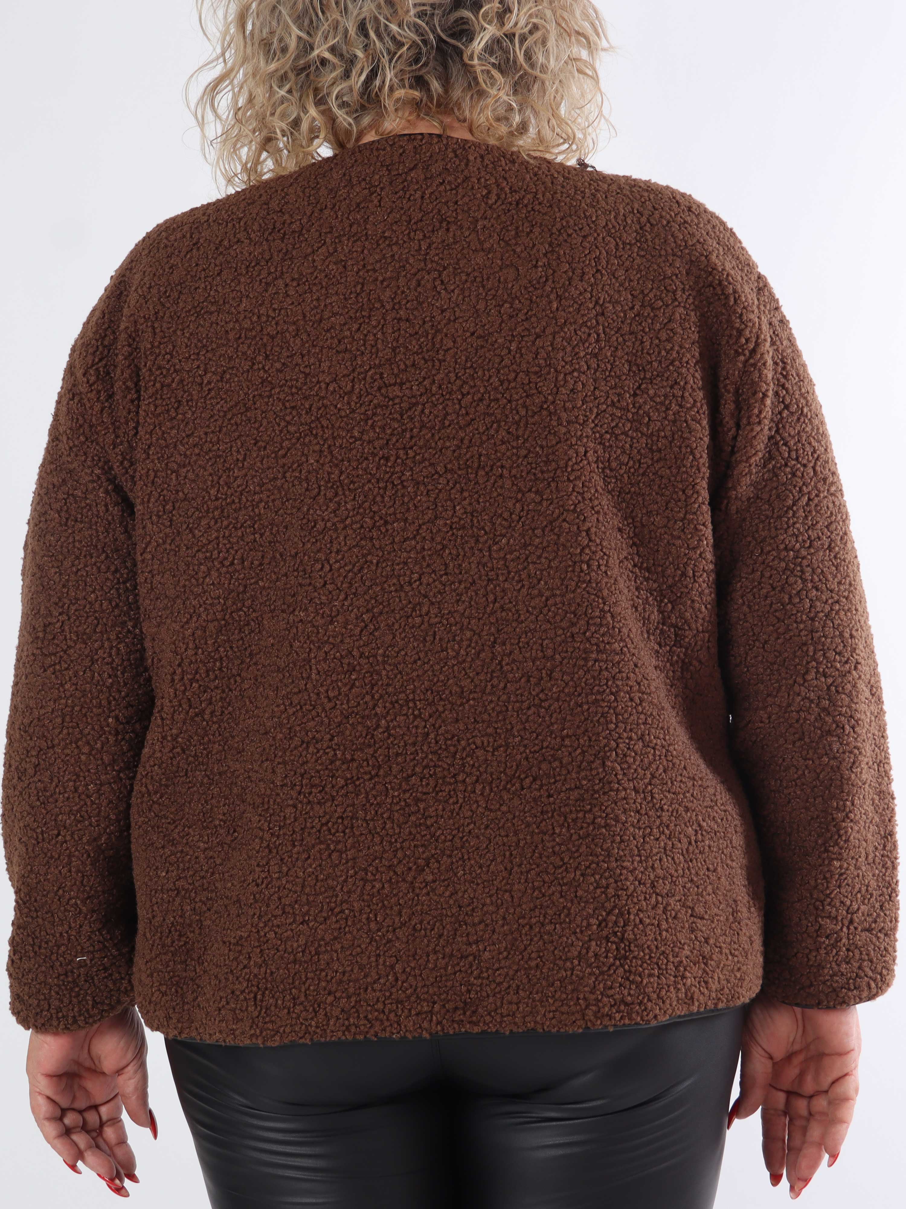 Danya - Plus size fleece cardigan med læderlook sløjfer