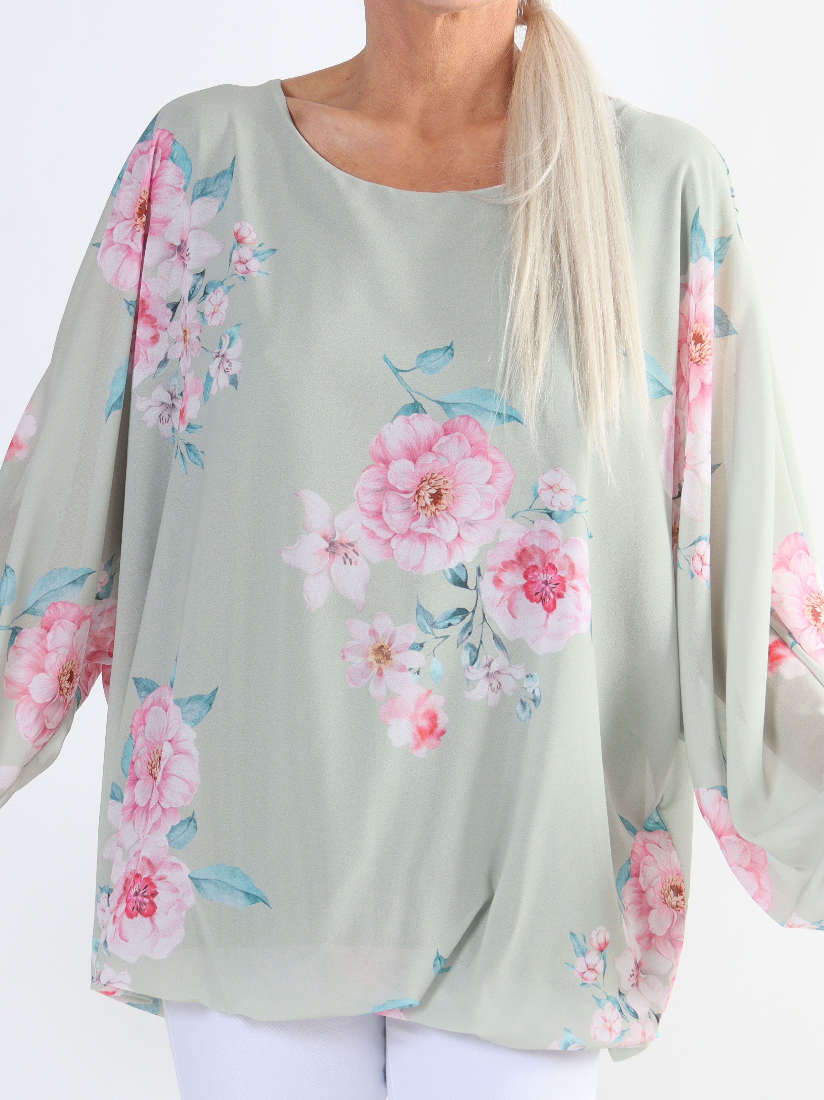 Destiny Rose - Plus size bluse i chiffon med bonderoser