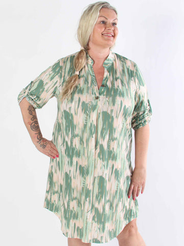 Ebba Pattern Long - Elastisk mønstret plus size kjole med guld detaljer