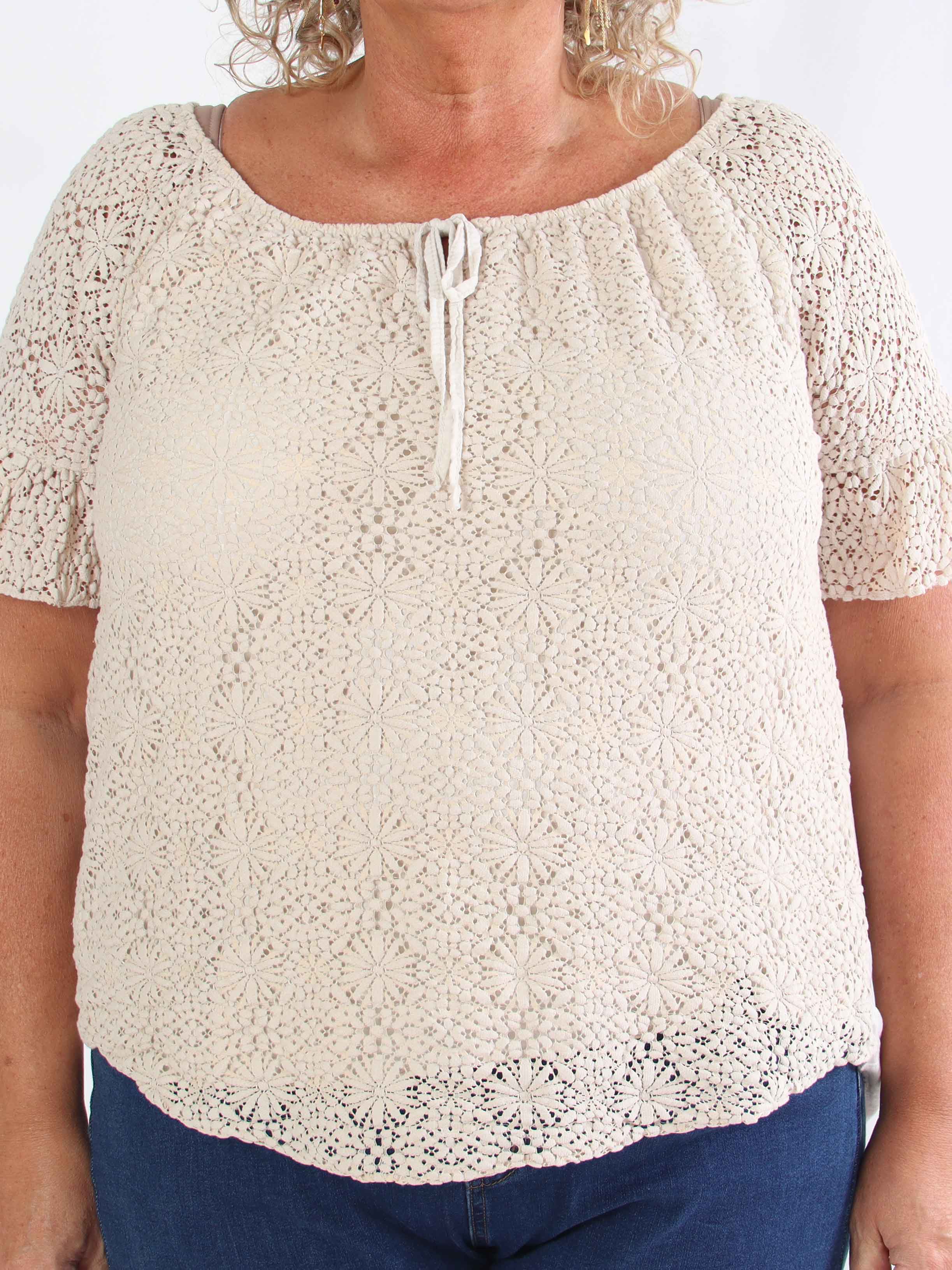 Elisa - Plus size tunika i bomuld med blonde og elastikkant i udskæringen