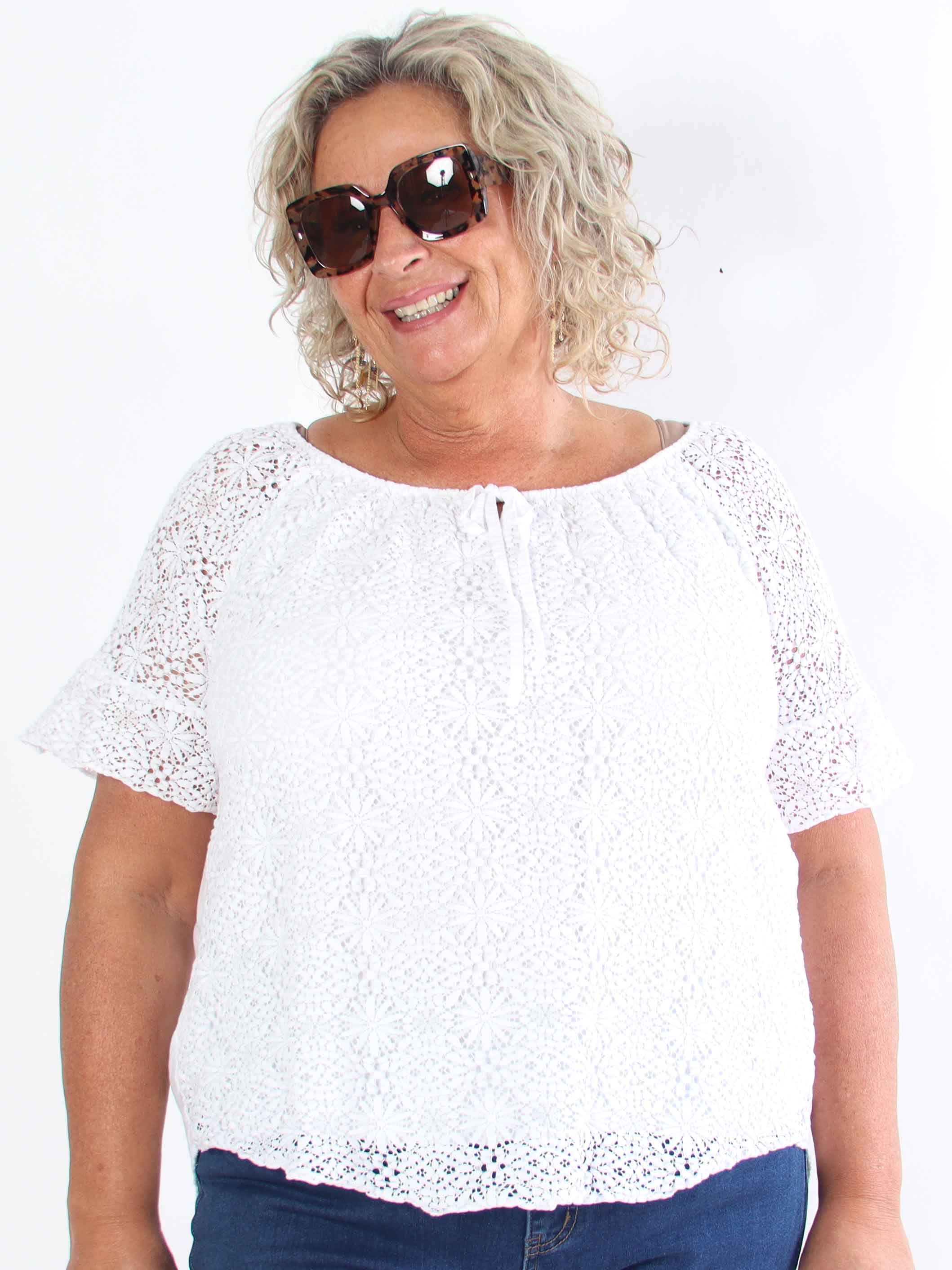 Elisa - Plus size tunika i bomuld med blonde og elastikkant i udskæringen