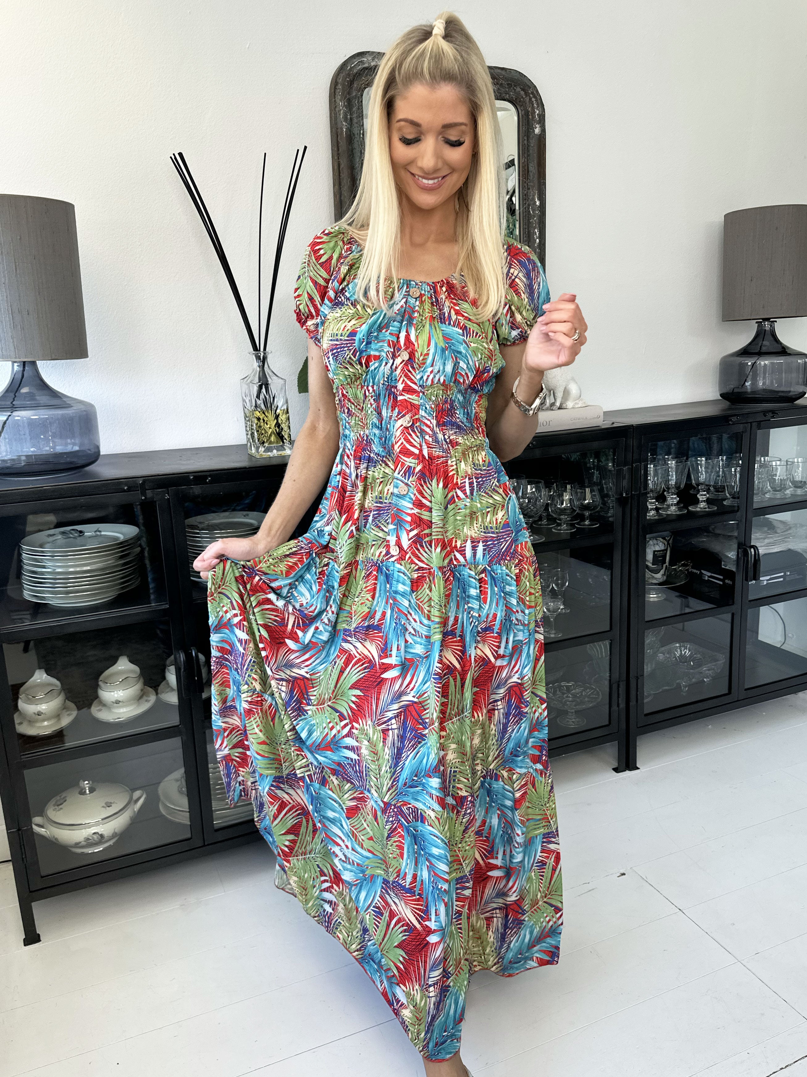 Finalia palm - Lang kjole med smock og palmemotiv