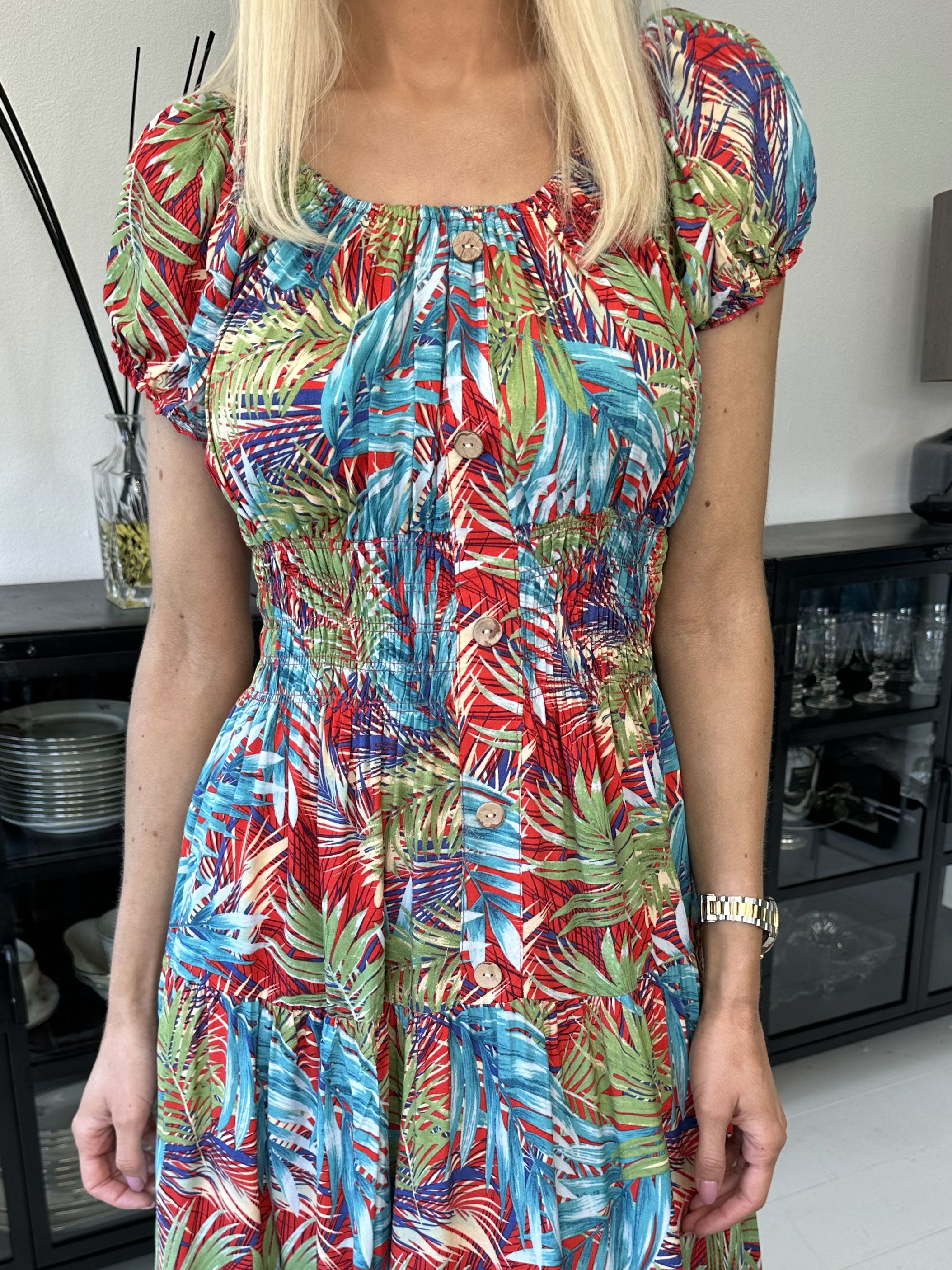 Finalia palm - Lang kjole med smock og palmemotiv