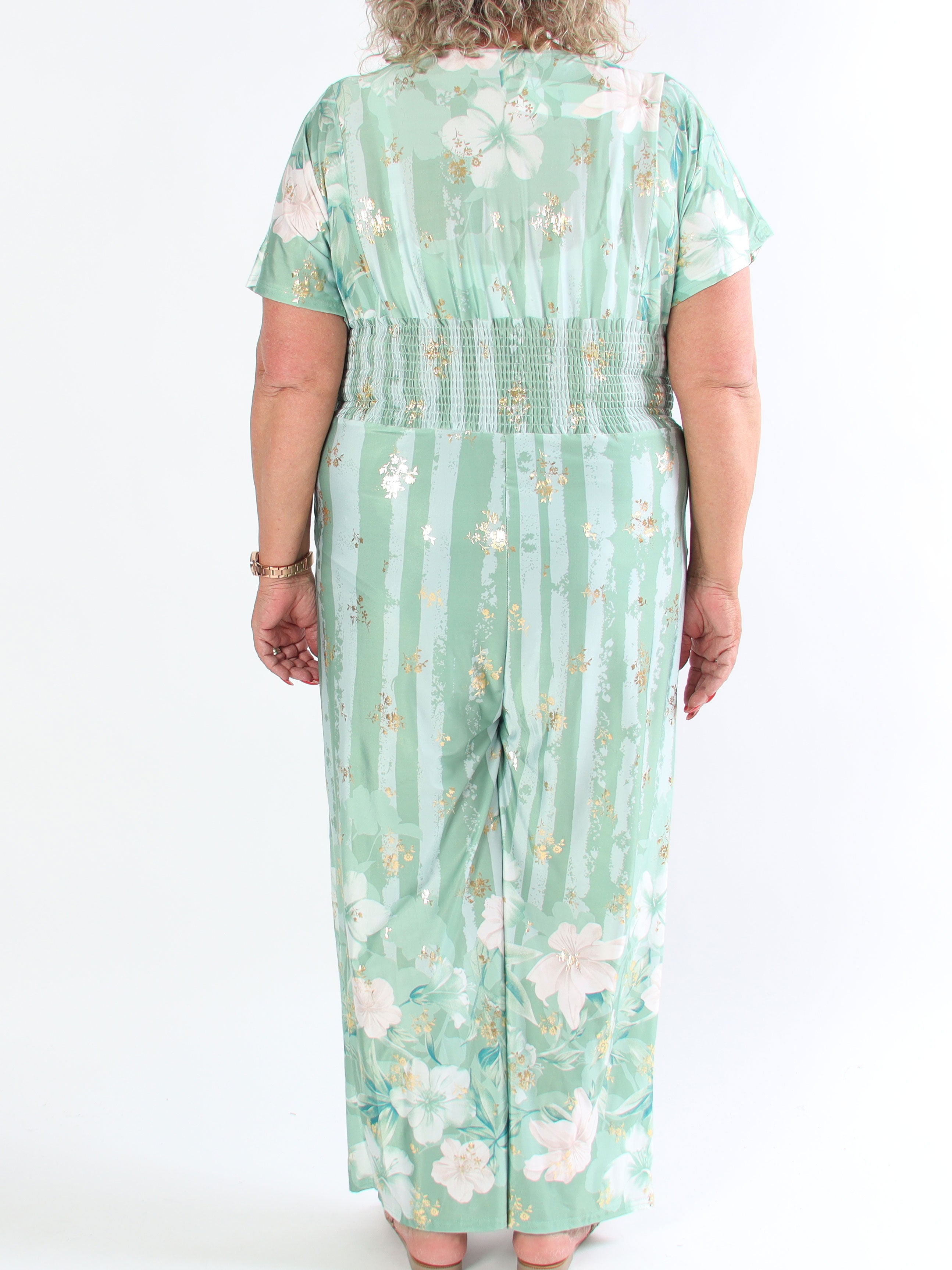Pams Floral Stripe Jumpsuit - Elastisk plus size buksedragt med blomster
