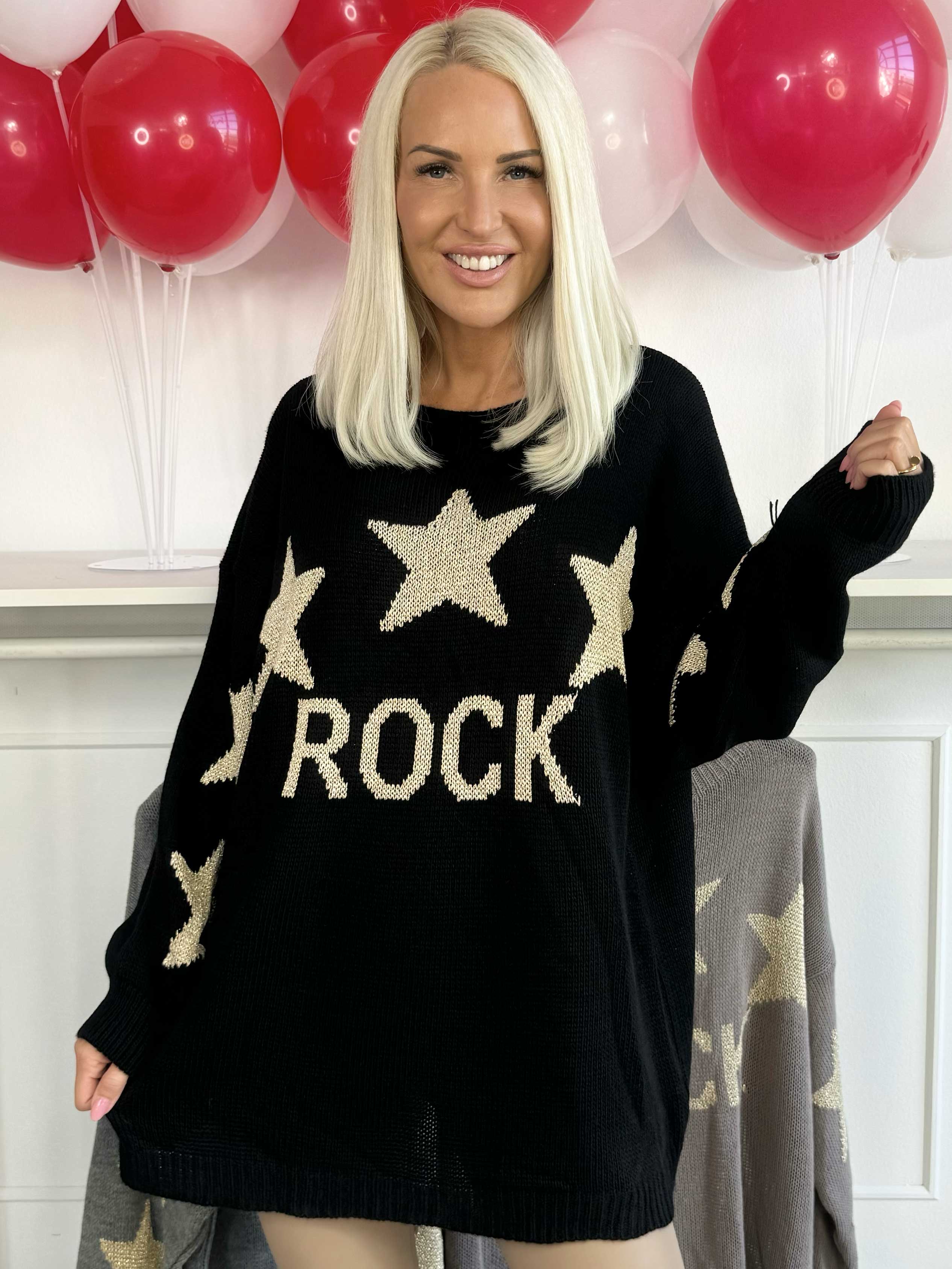 Rock - Strikbluse med stjerner i guldtråde