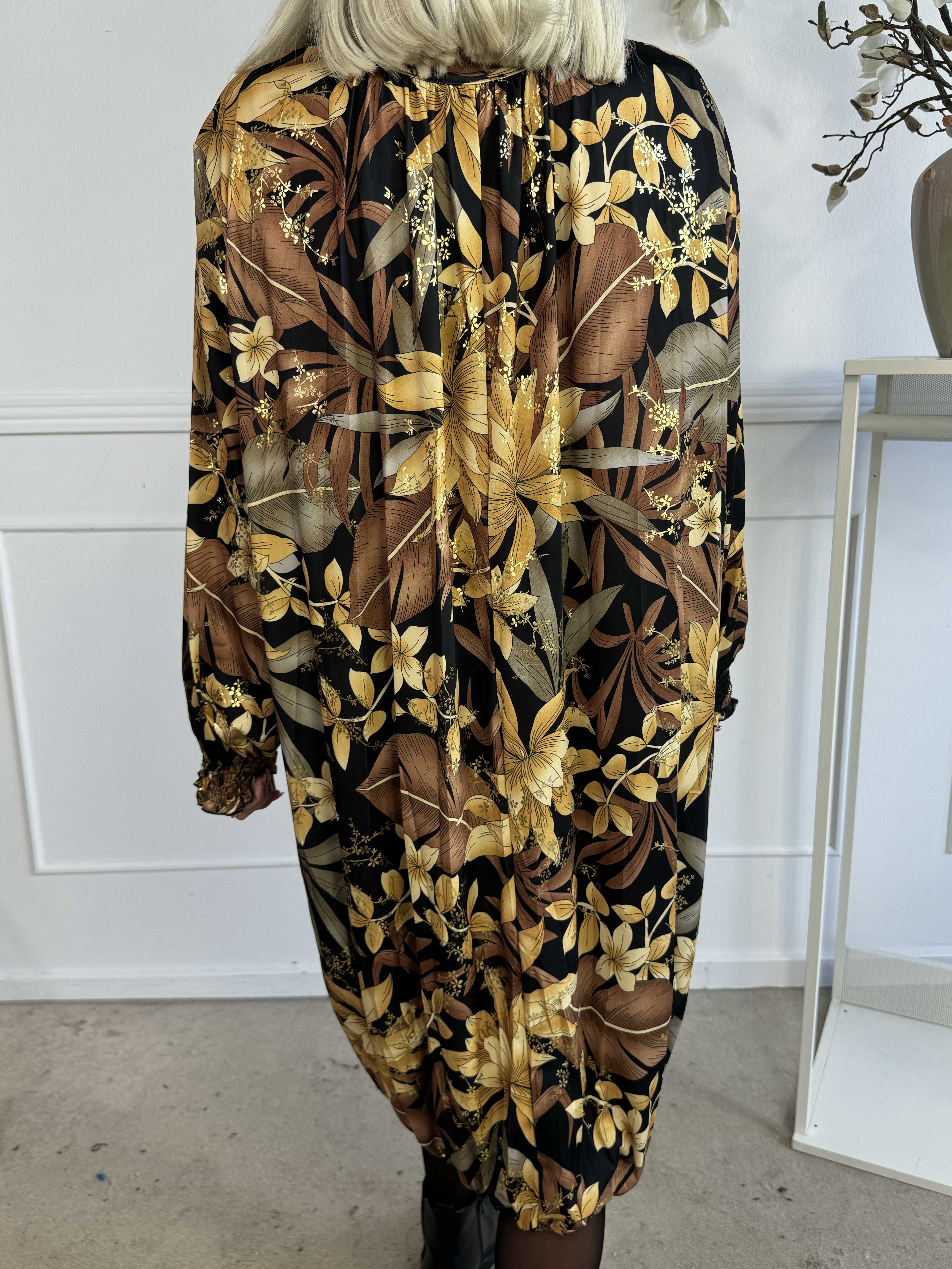Miracle Gold Flower Dress L/S - Blomstret elastisk kjole
