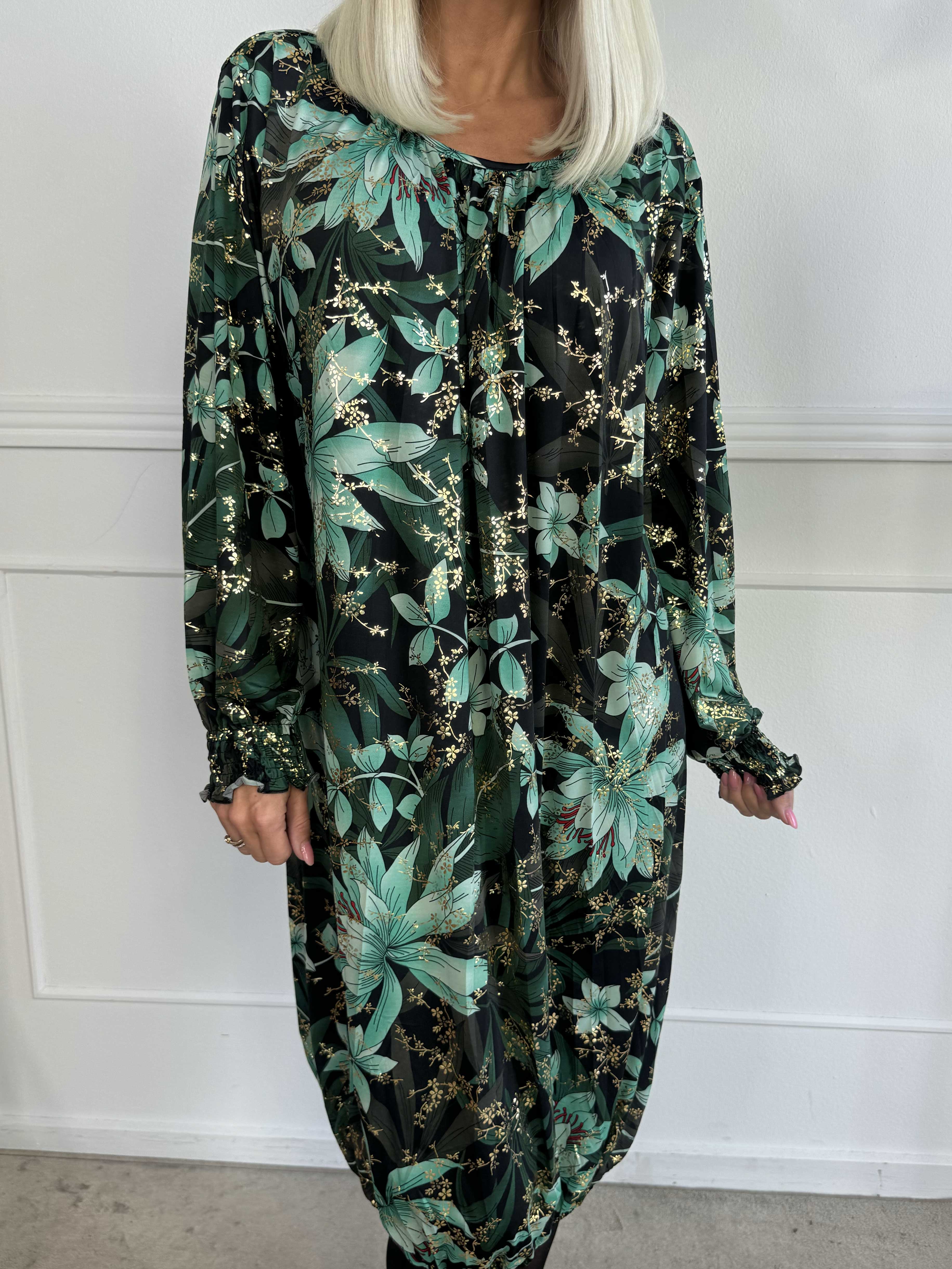 Miracle Gold Flower Dress L/S - Blomstret elastisk kjole