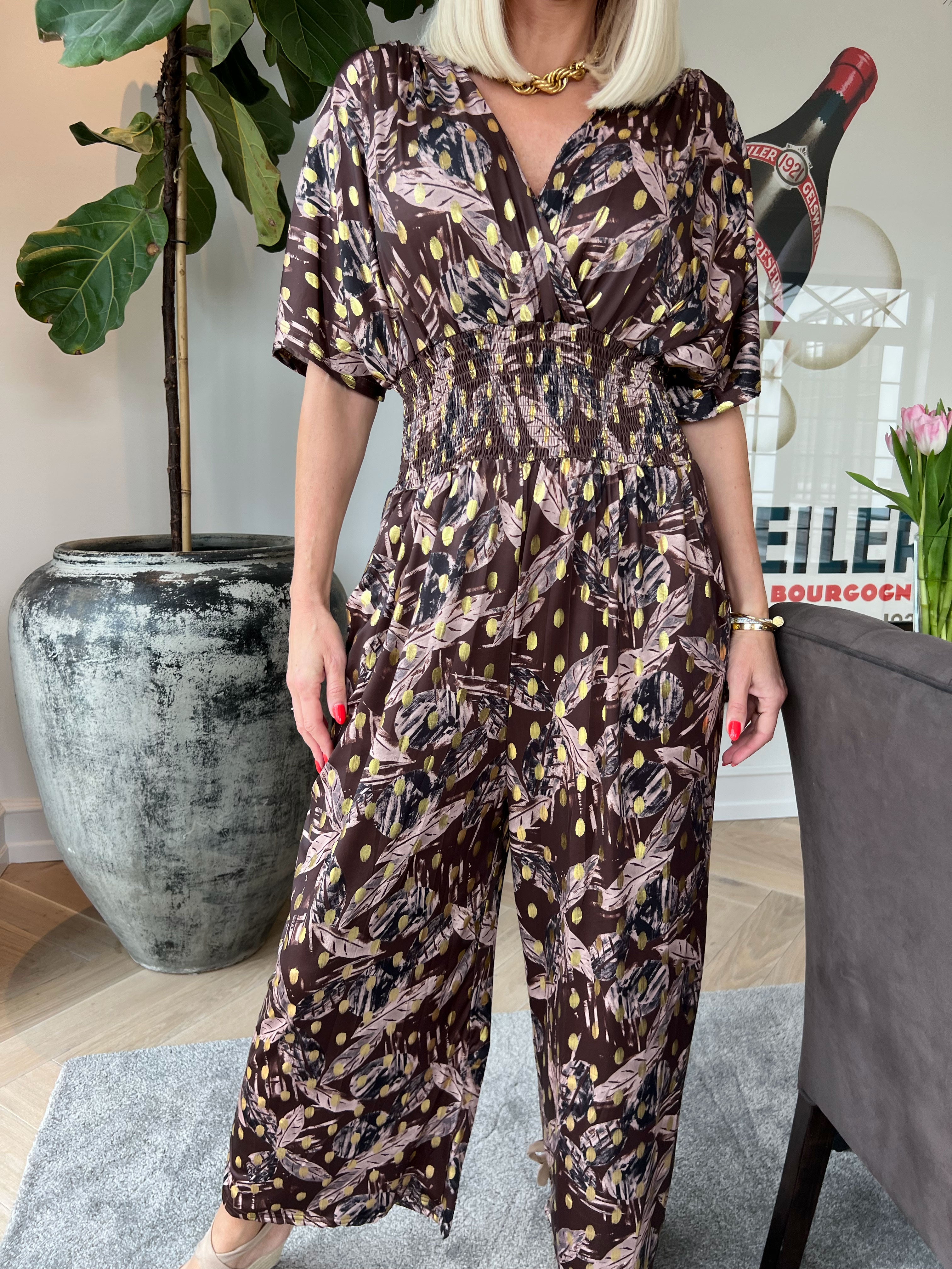 Pams Leafage Jumpsuit - Elastisk buksedragt i bladmønster med guld dutter