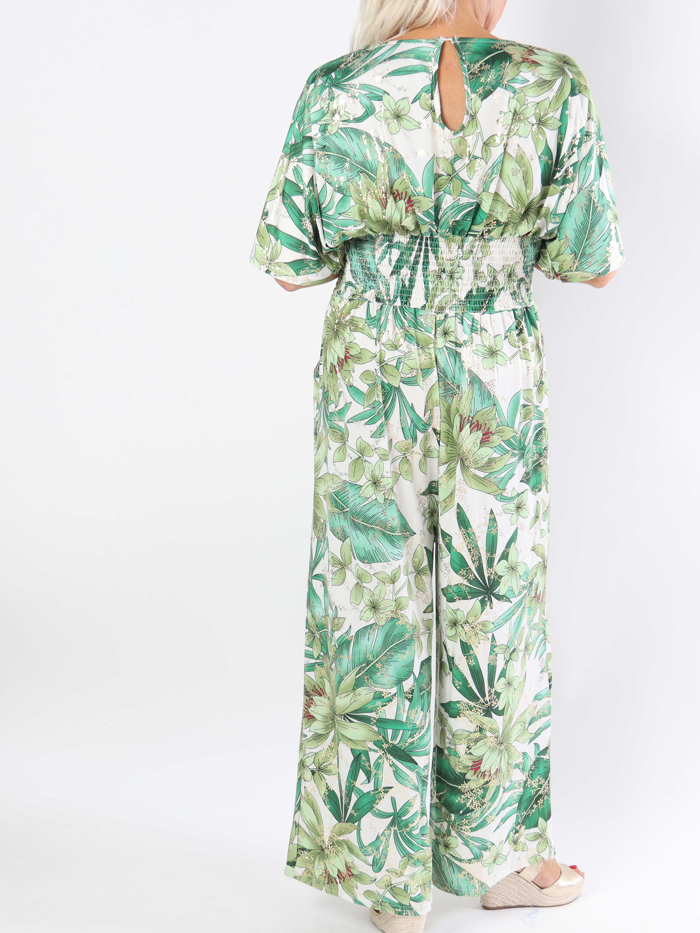 Pams Jumpsuit - Elastisk plus size buksedragt med bladmønster