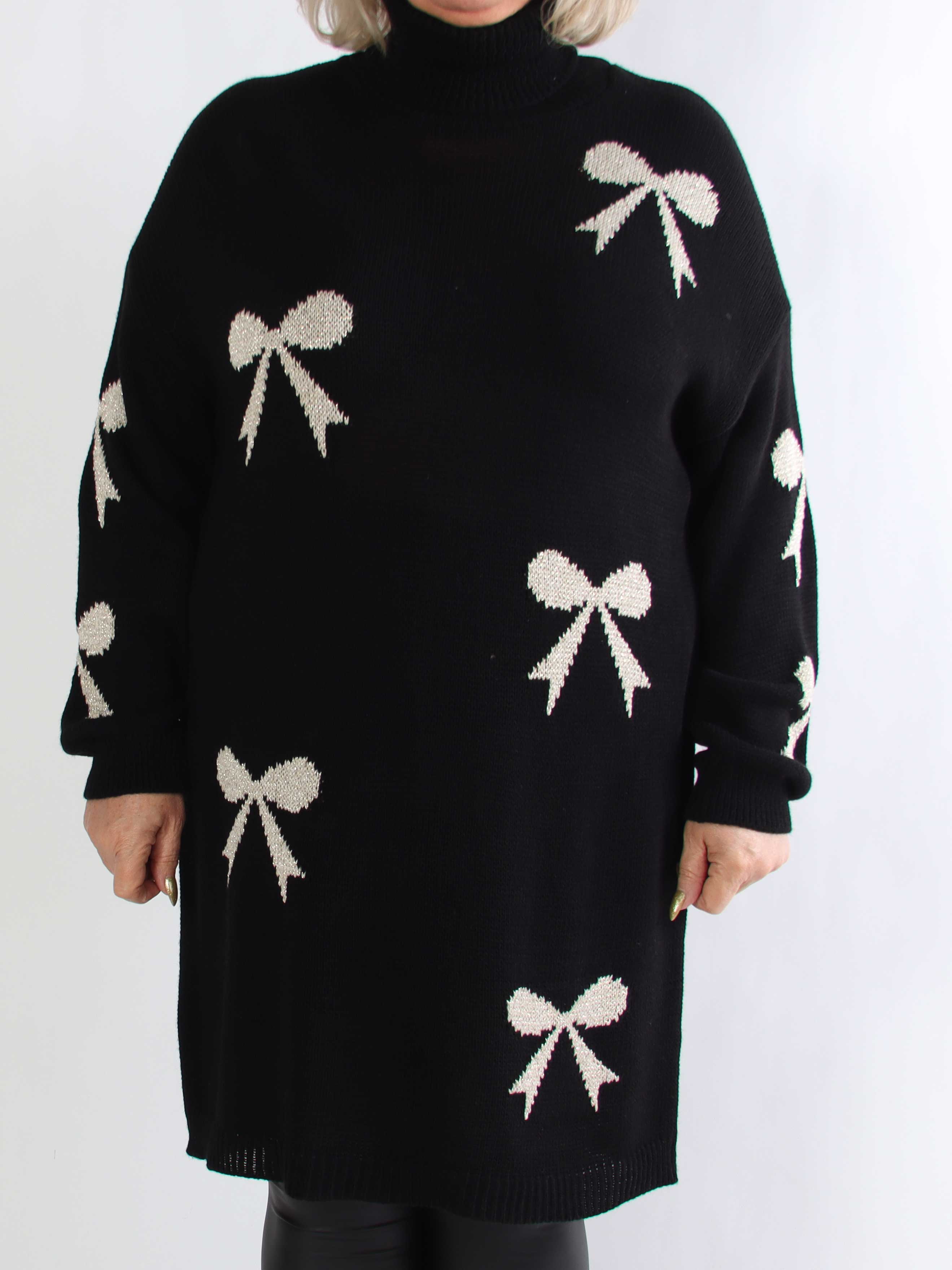 Vallie - Plus size strikkjole med guldsløjfer og rullekrave