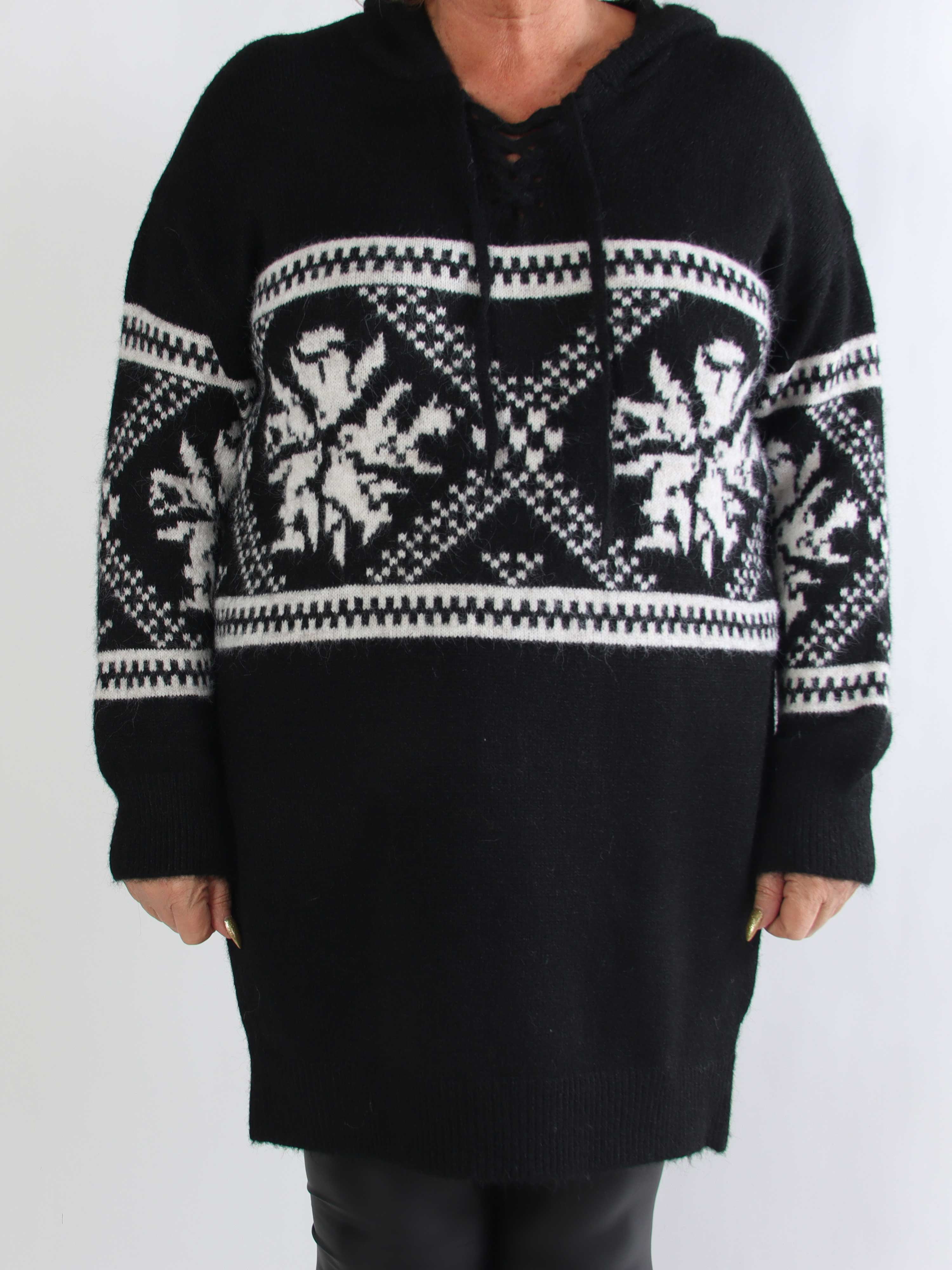 Veni Long - Blød mønstret strikkjole i plus size med hætte