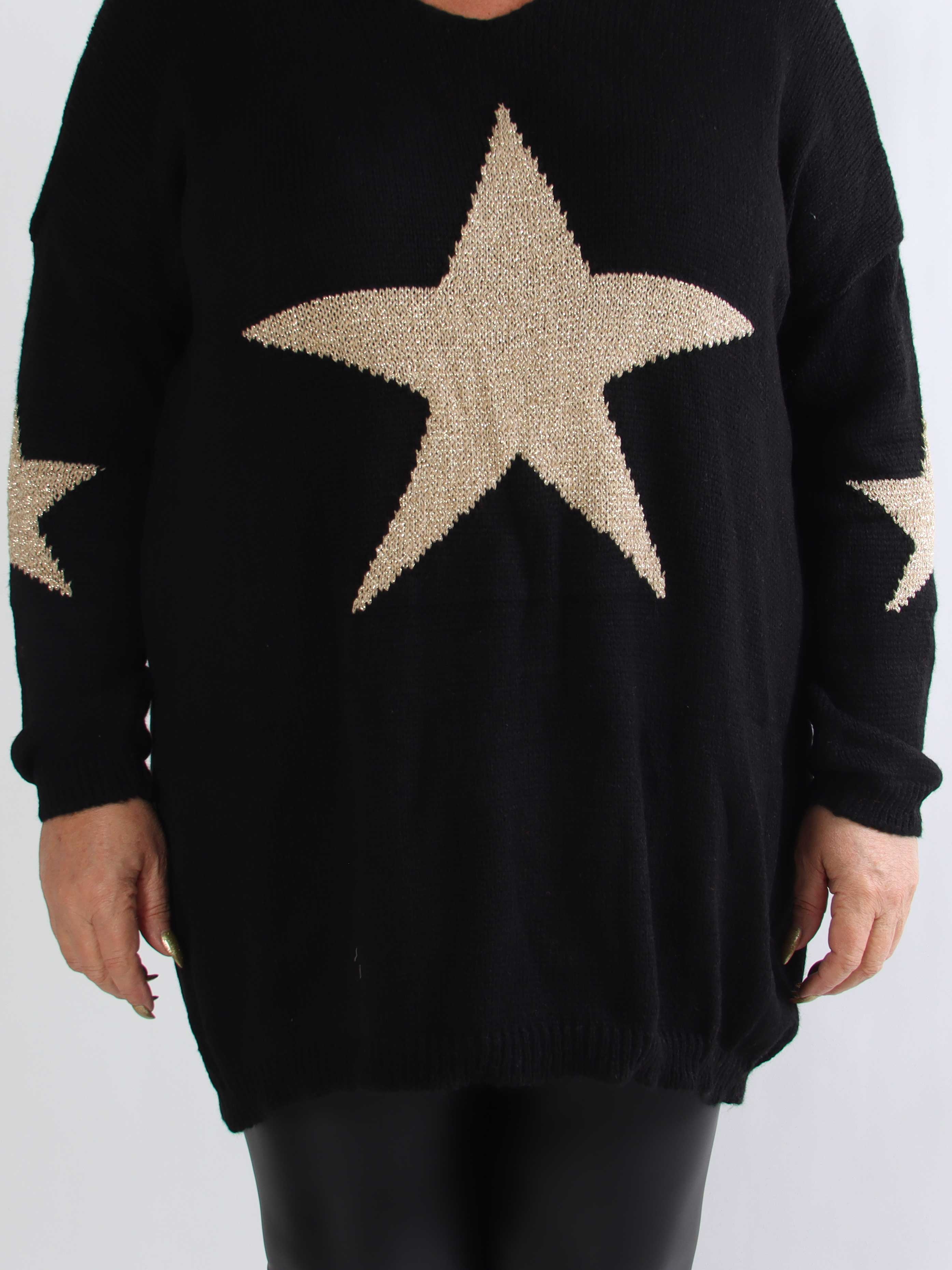 Nikola - Plus size strikkjole med guldstjerner og v-udskæring