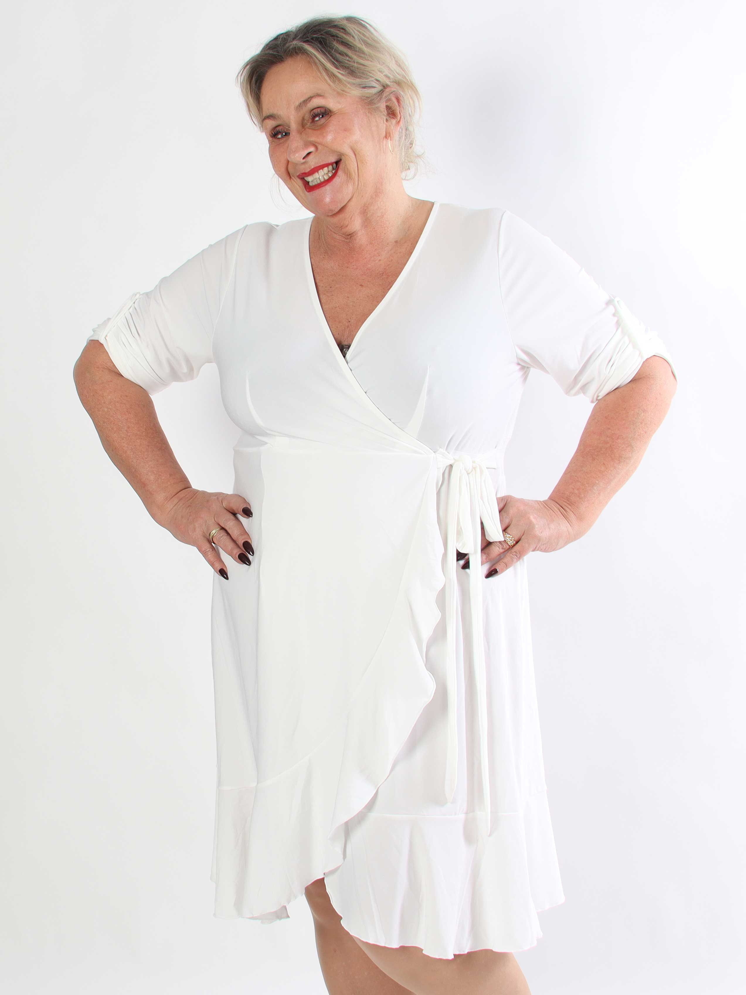 Savina Plain - Elastisk langærmet plus size kjole i slå-om-look