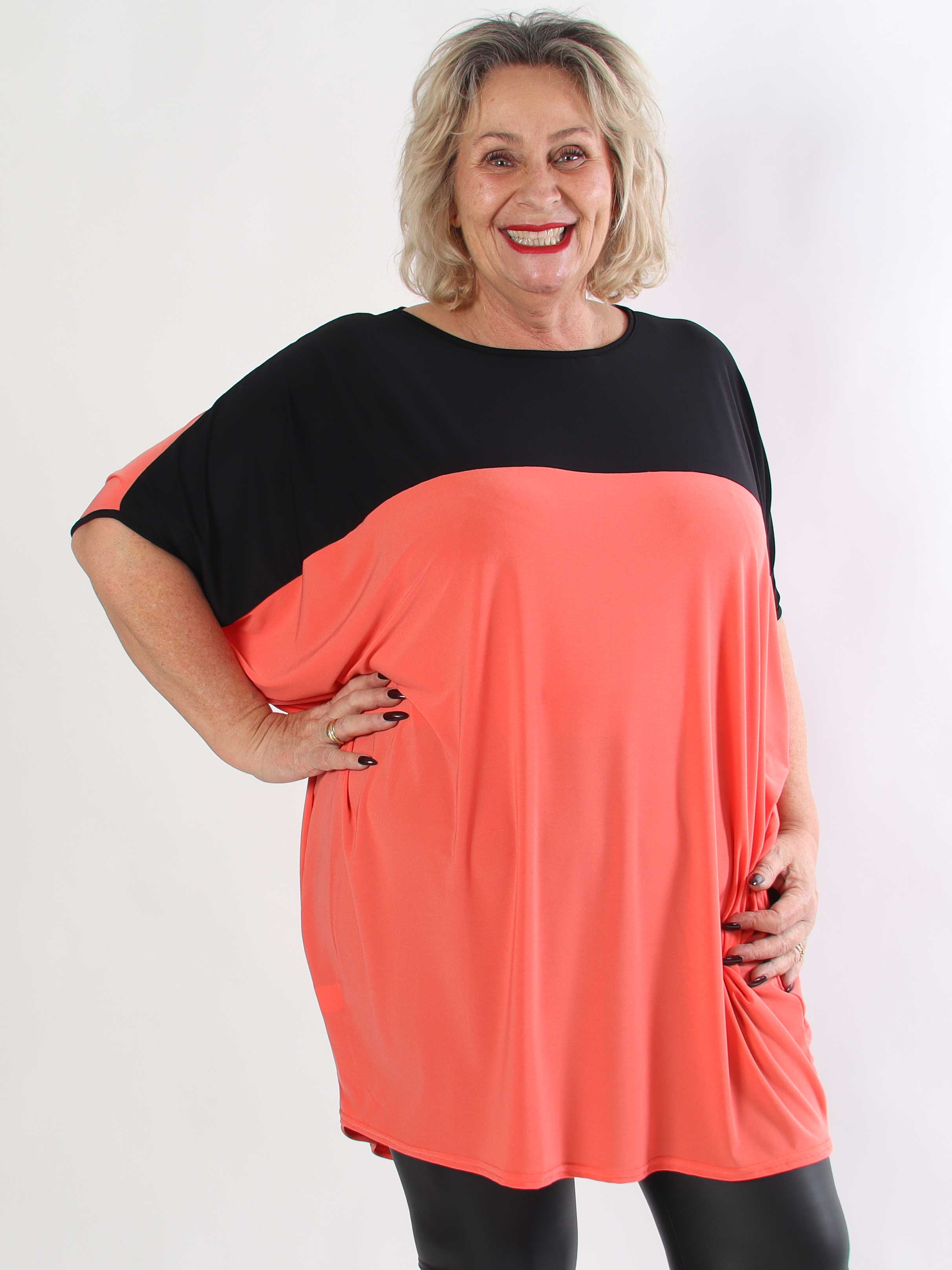 Spencer - Elastisk tofarvet plus size tunikakjole med flagermusærmer