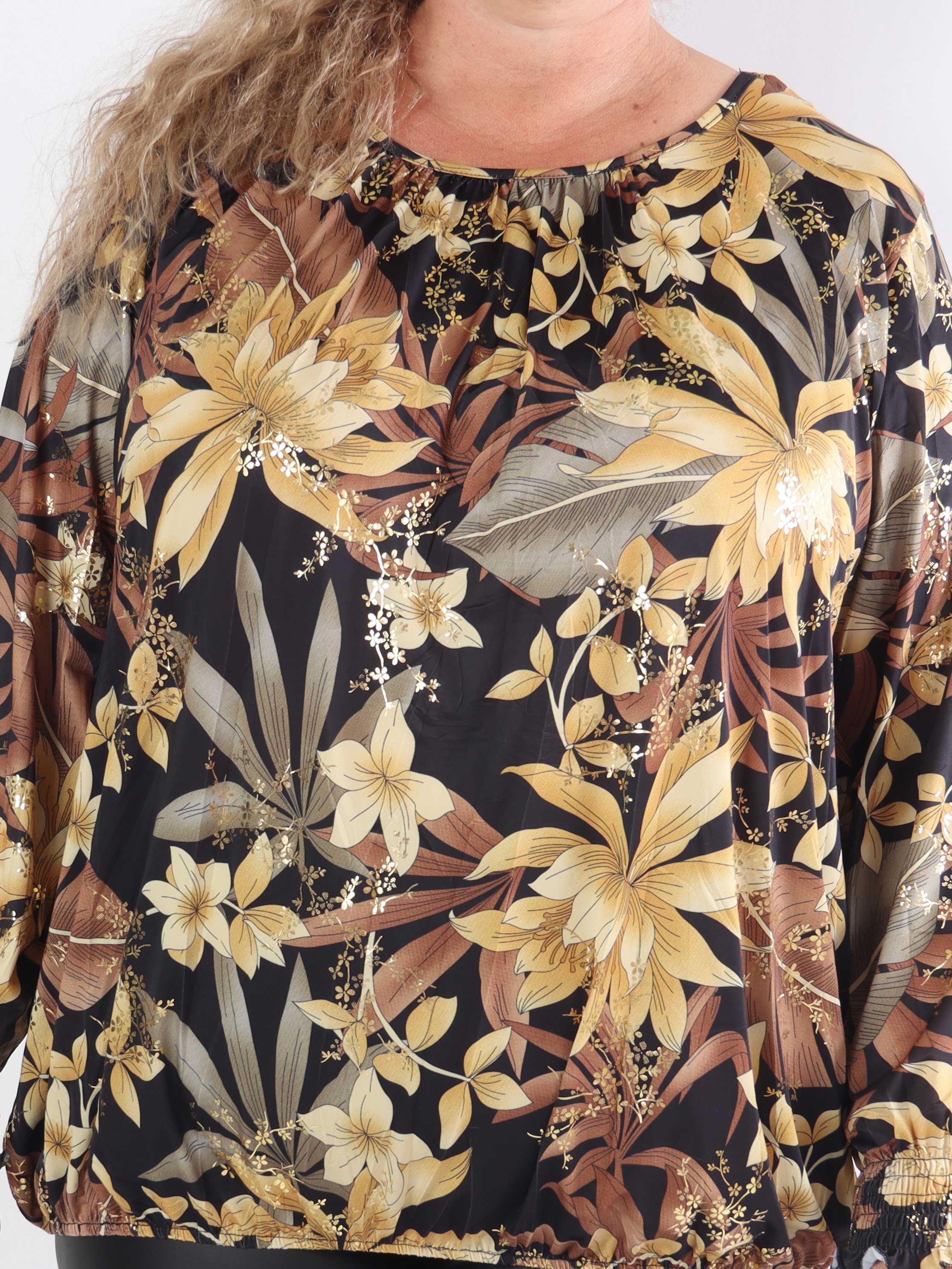Miracle Gold Flower L/S - Blomstret elastisk plus size bluse