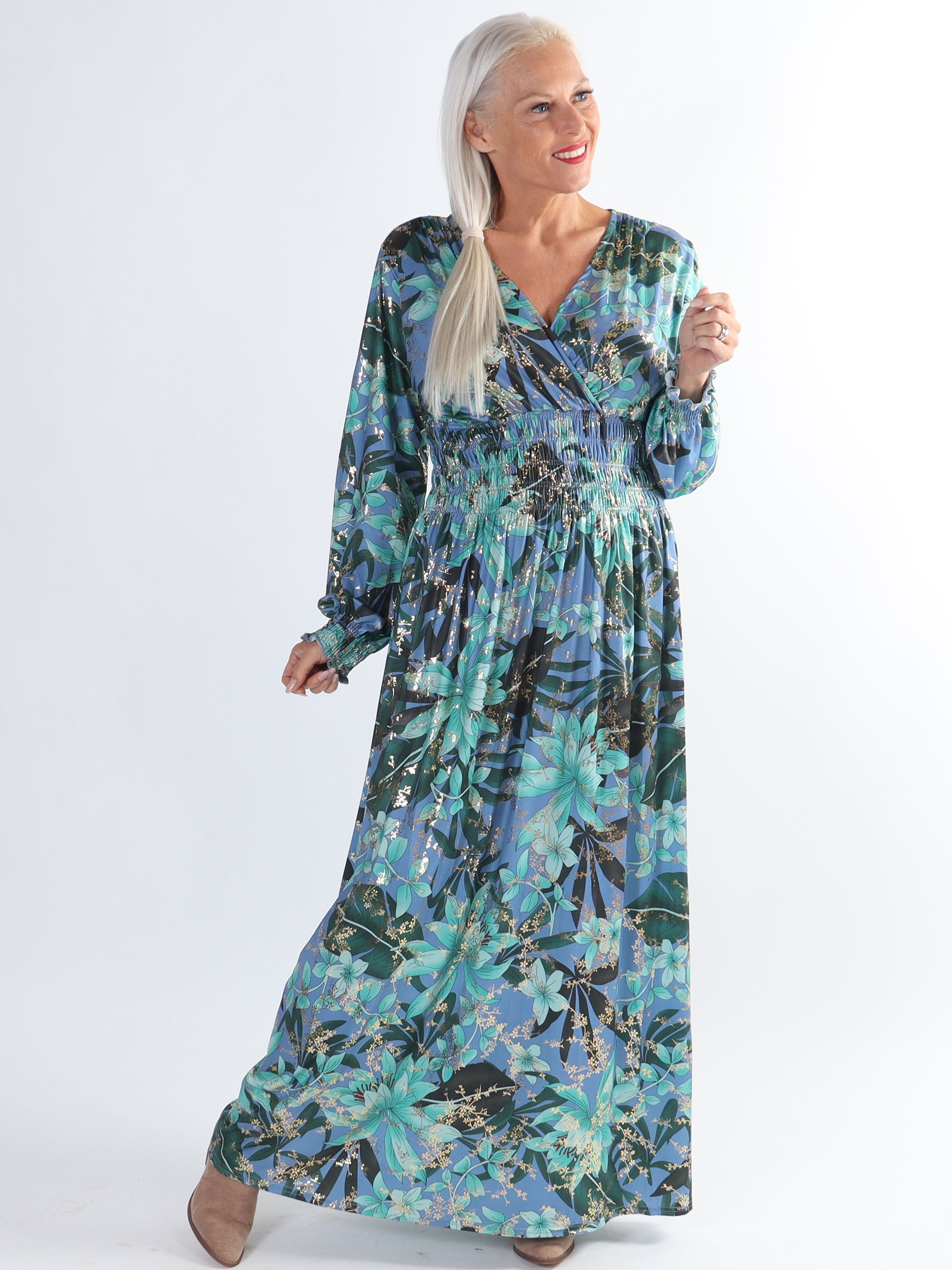 Pams L/S - Plus size elastisk kjole i krølfrit stof med lange ærmer