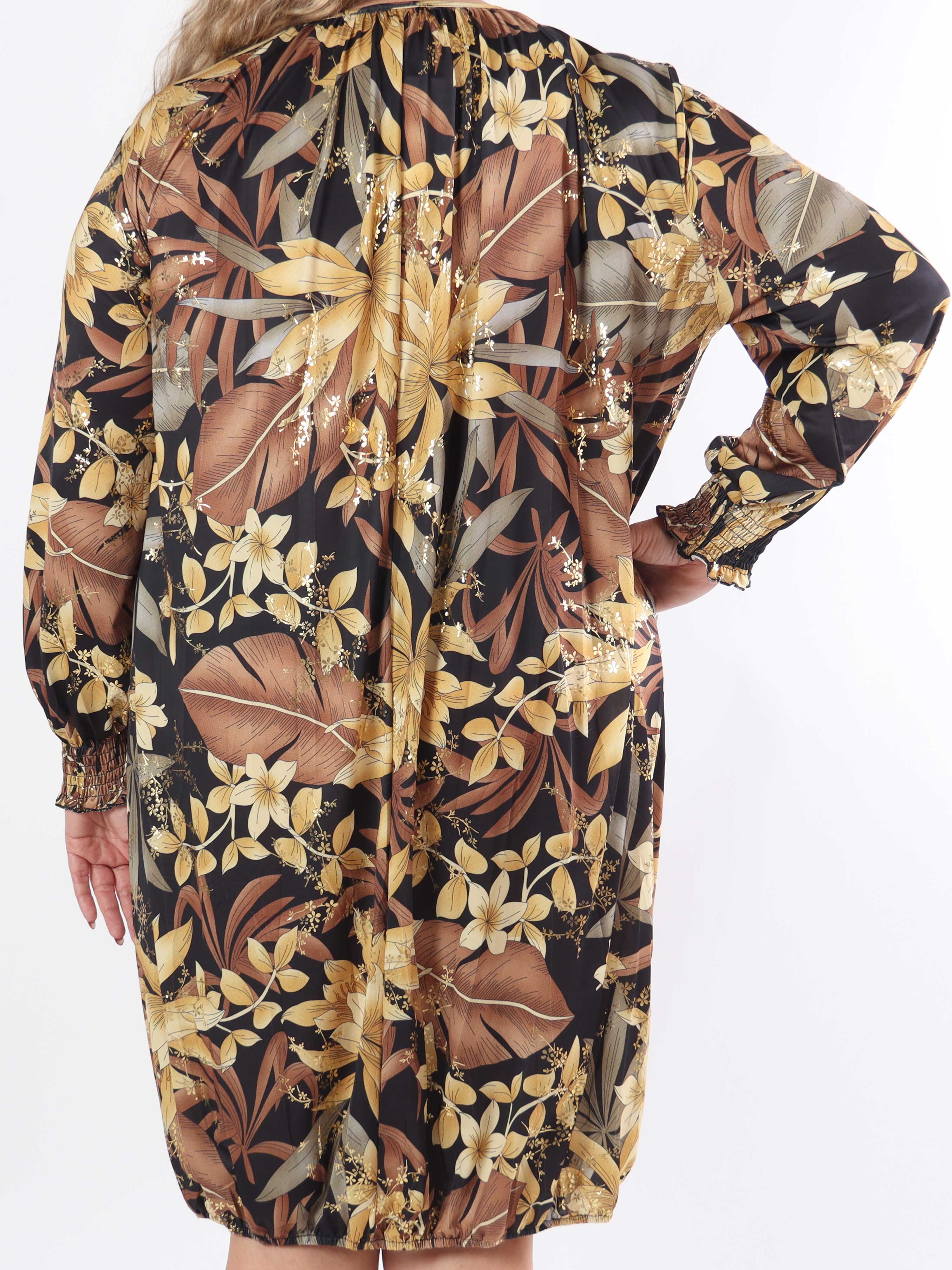 Miracle Gold Flower Dress L/S - Blomstret elastisk plus size kjole