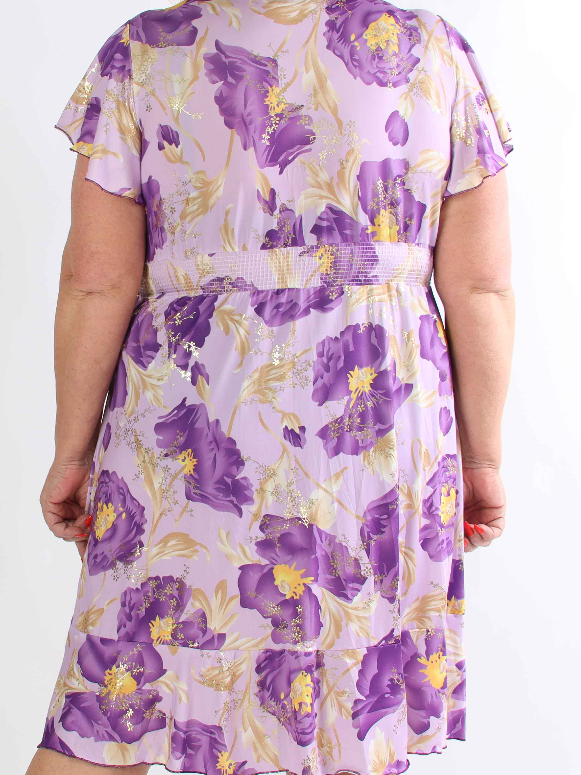 Savina Botanic S/S - Blomstret plus size kjole i slå-om-look med flæseærmer