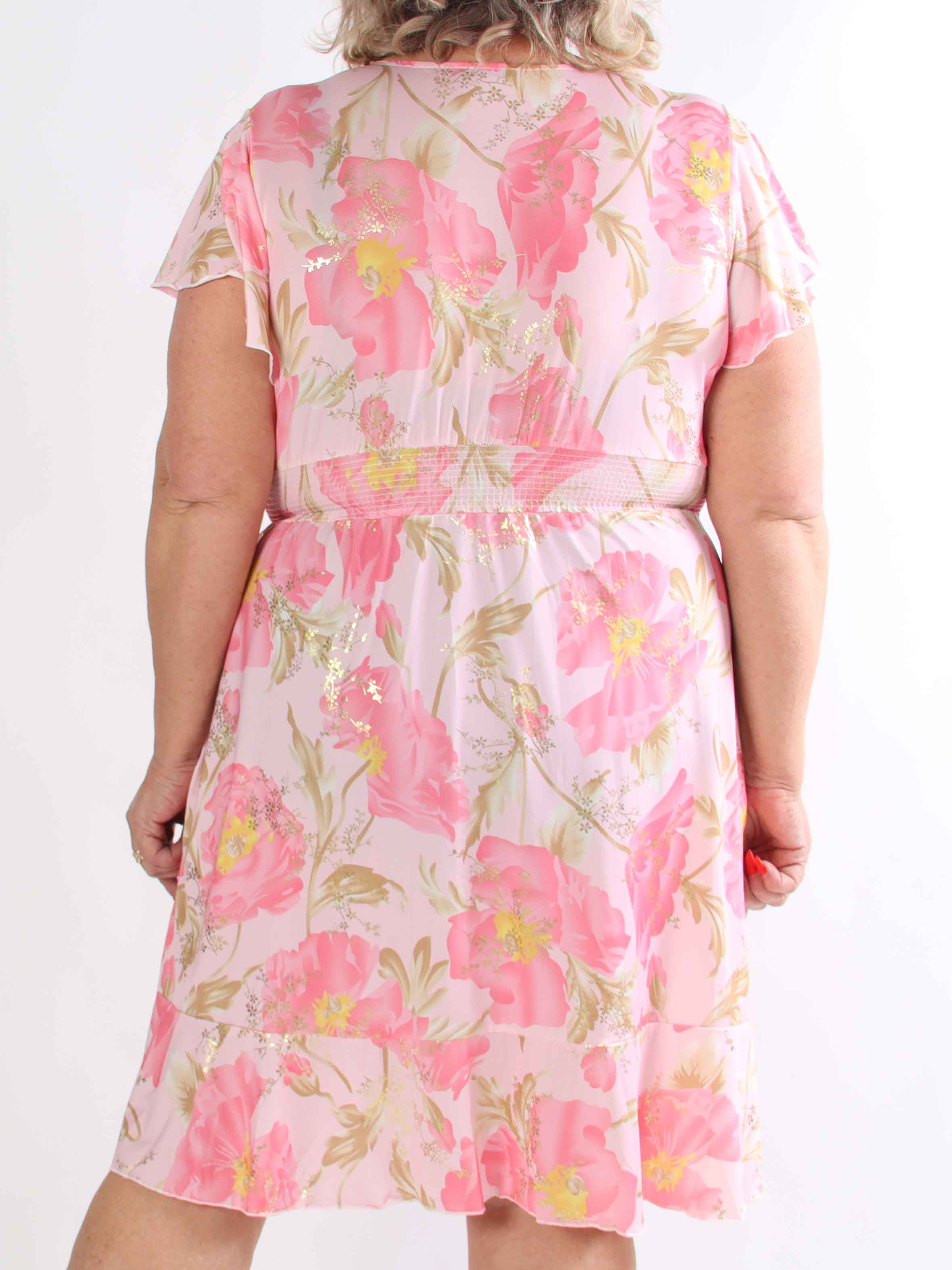 Savina Botanic S/S - Blomstret plus size kjole i slå-om-look med flæseærmer