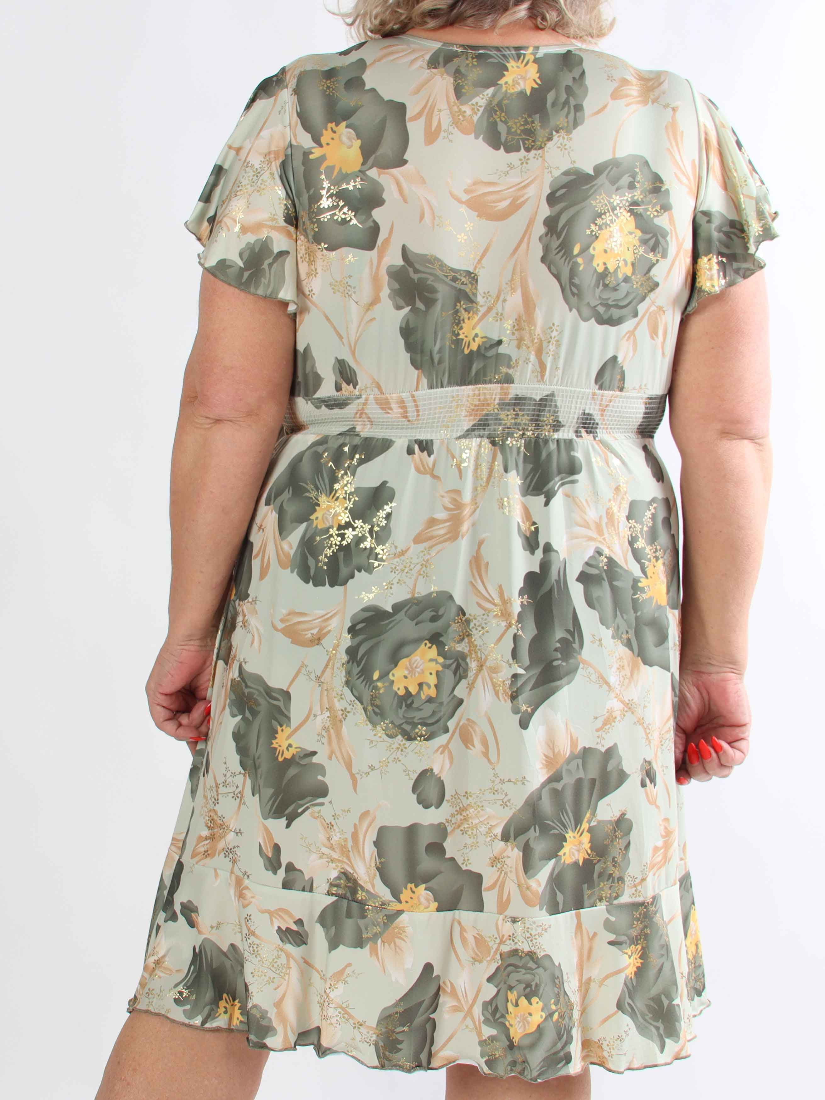 Savina Botanic S/S - Blomstret plus size kjole i slå-om-look med flæseærmer