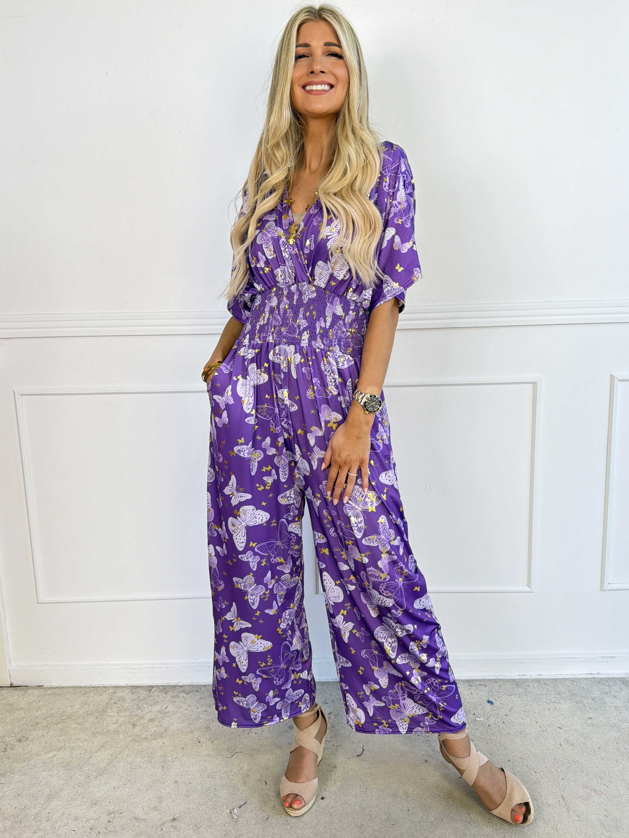 Pams Butterfly Jumpsuit - Elastisk buksedragt i sommerfugleprint